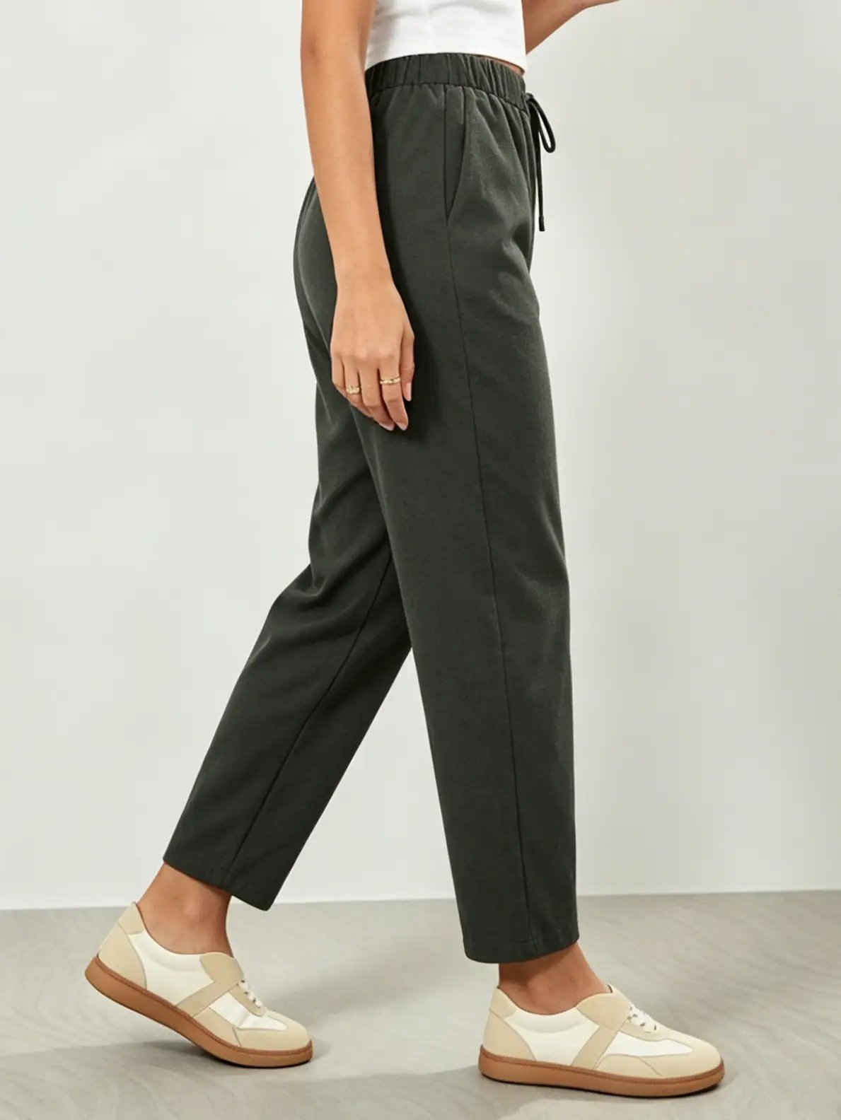 Dark Green Elastic Waist Cropped Barrel Pants