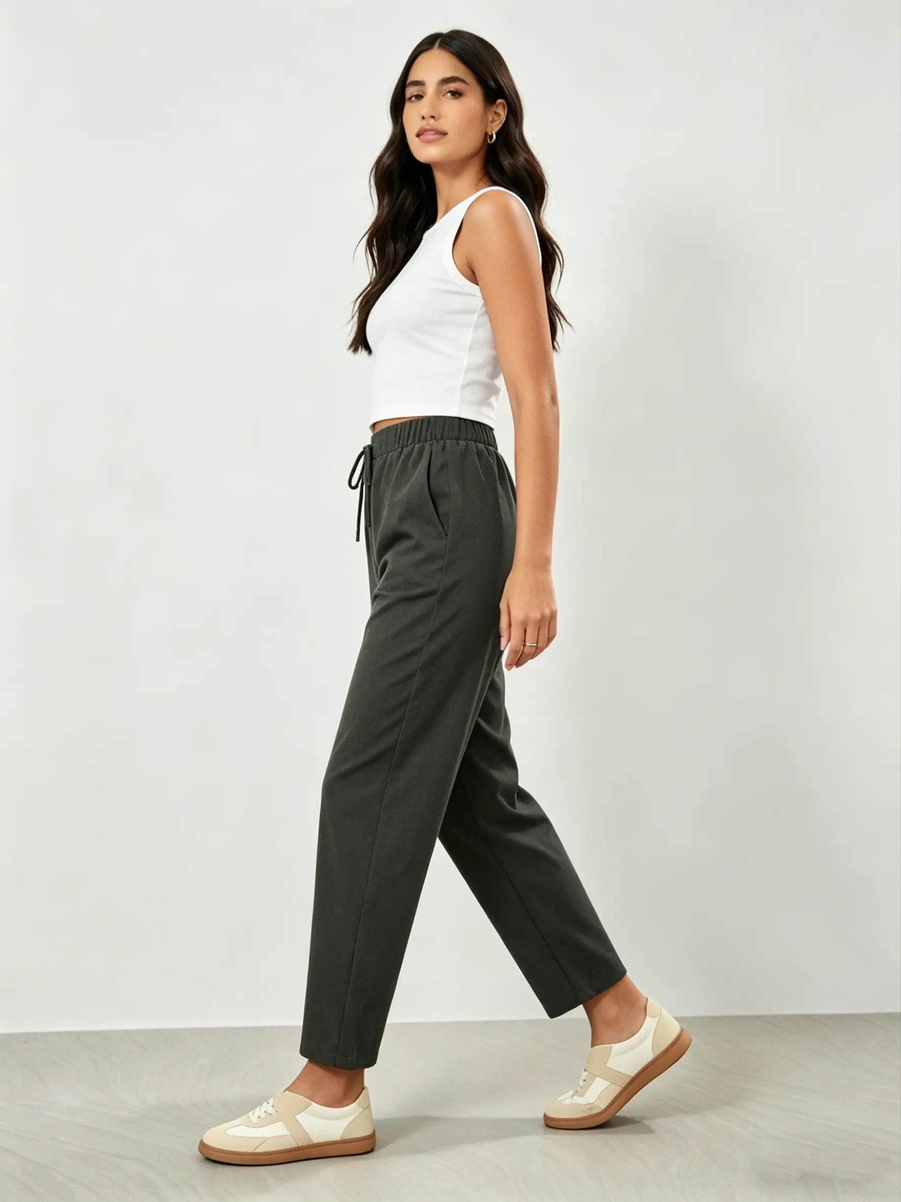 Dark Green Elastic Waist Cropped Barrel Pants