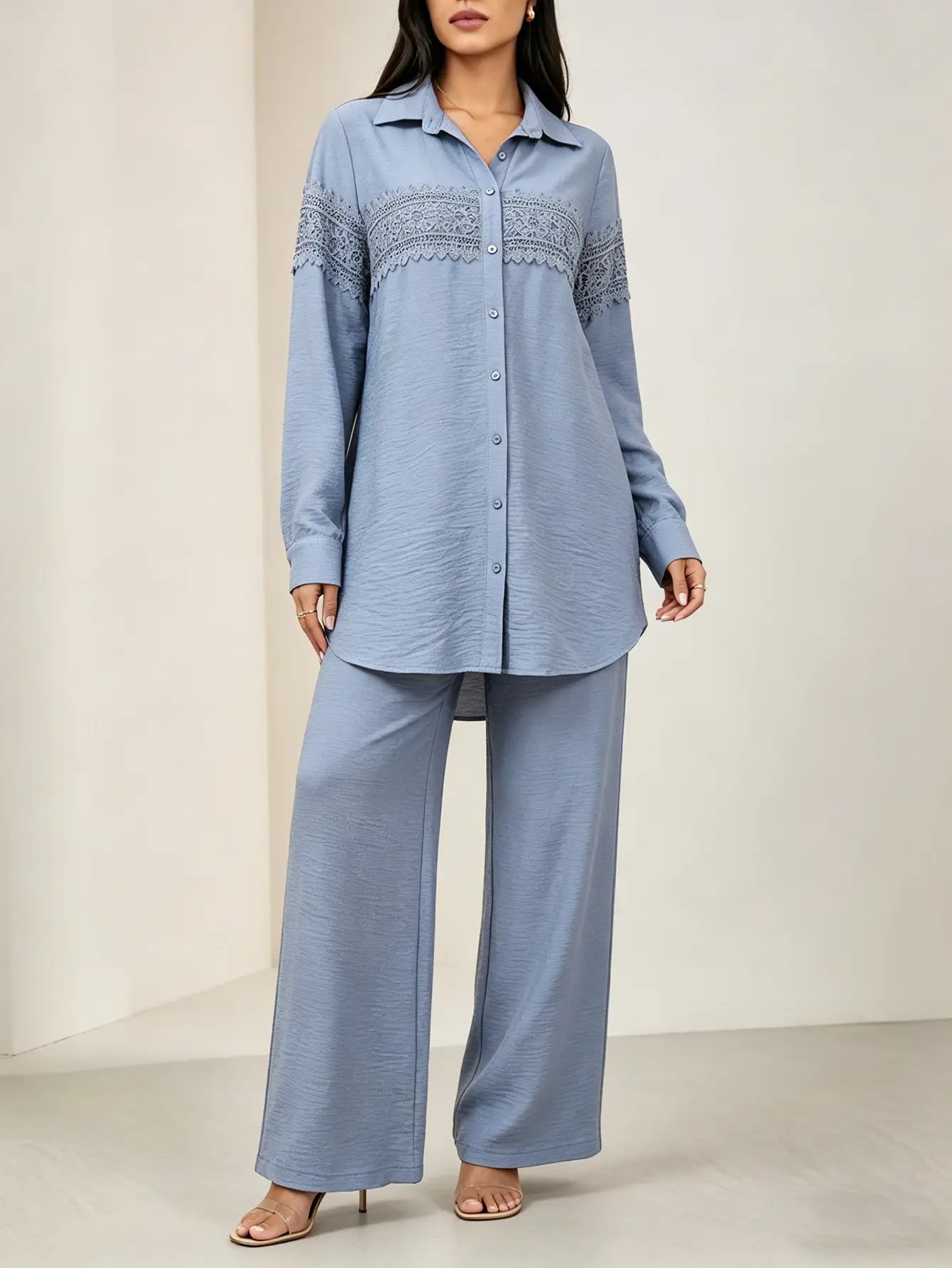 Blue Lace Trim Longline Shirt and Wide Leg Pants Co-Ords