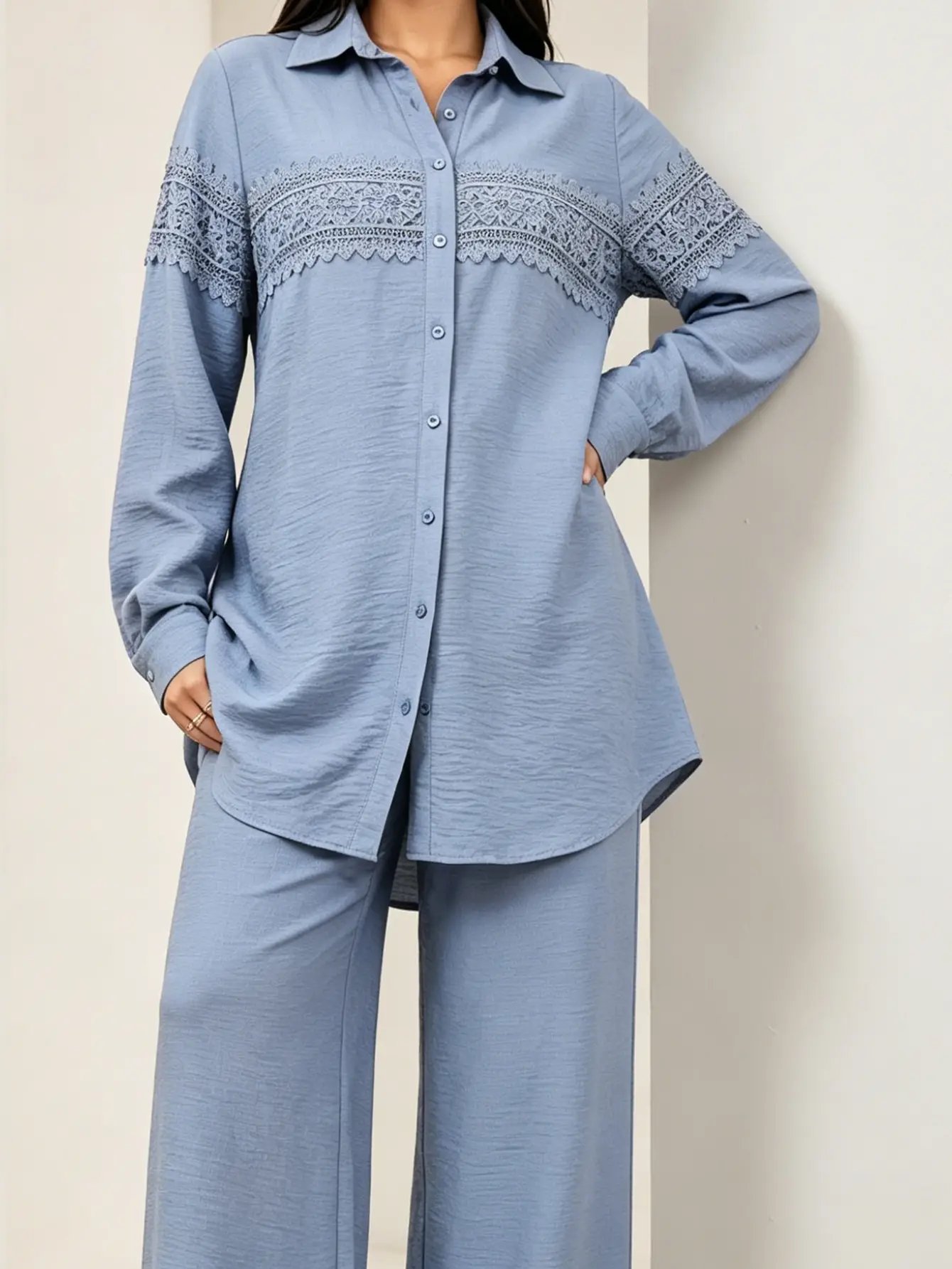 Blue Lace Trim Longline Shirt and Wide Leg Pants Co-Ords