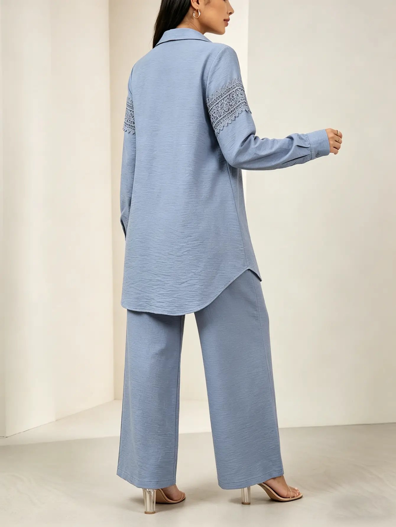 Blue Lace Trim Longline Shirt and Wide Leg Pants Co-Ords