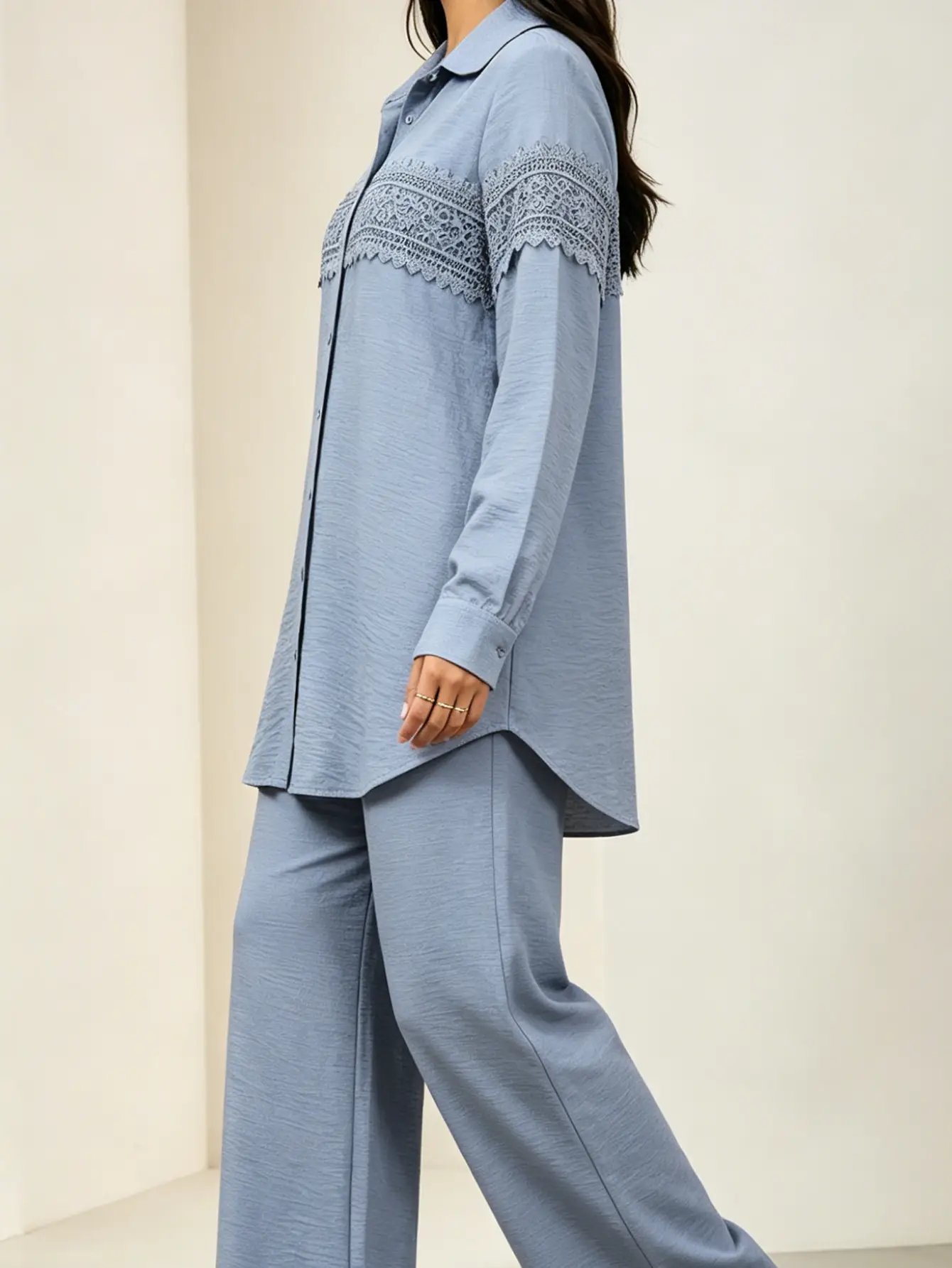 Blue Lace Trim Longline Shirt and Wide Leg Pants Co-Ords