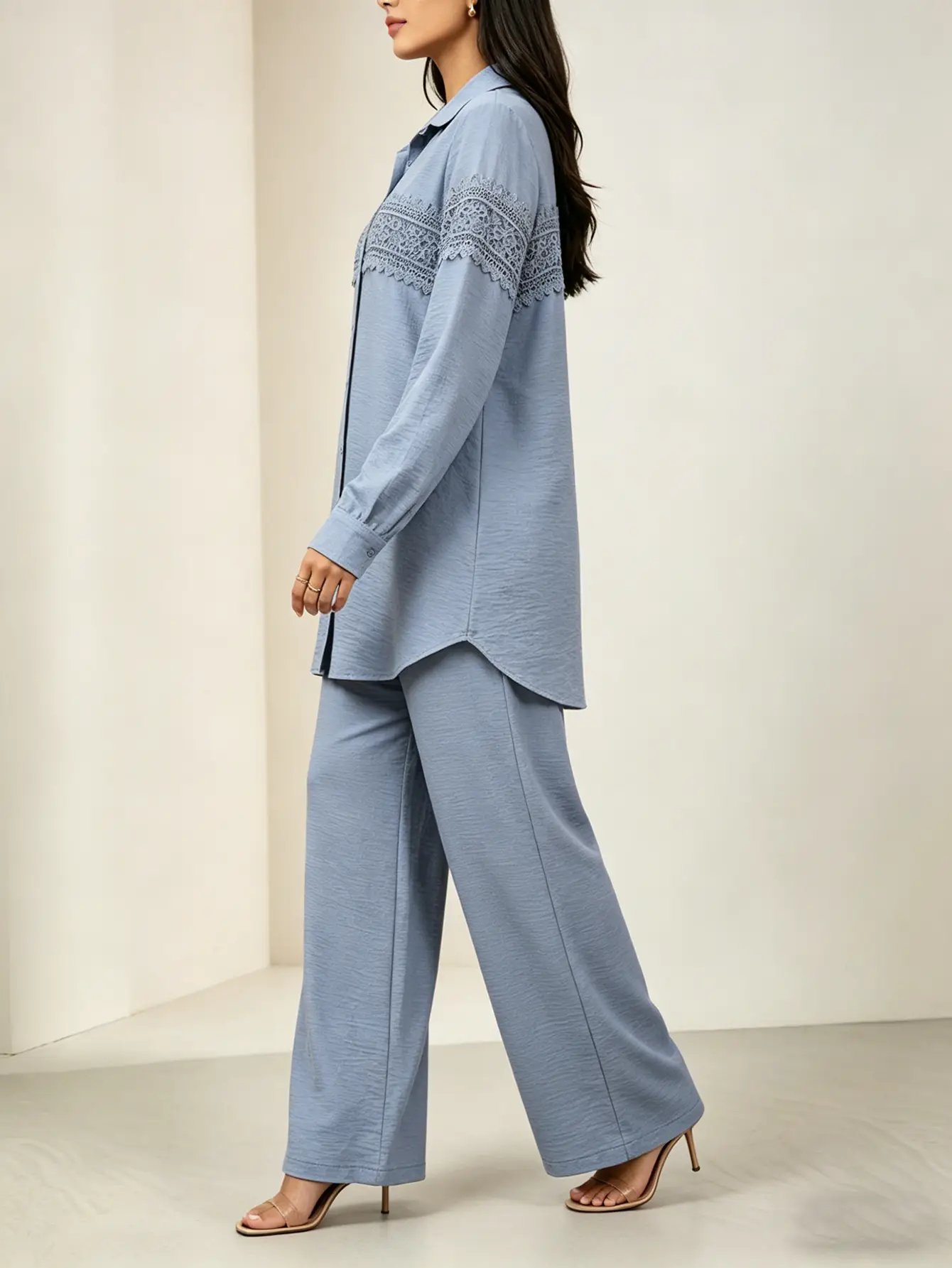 Blue Lace Trim Longline Shirt and Wide Leg Pants Co-Ords