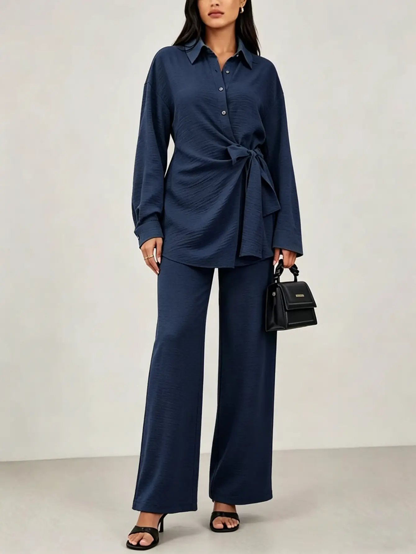 Navy Blue Tie-Wrap Front Shirt and Pants Co-Ords