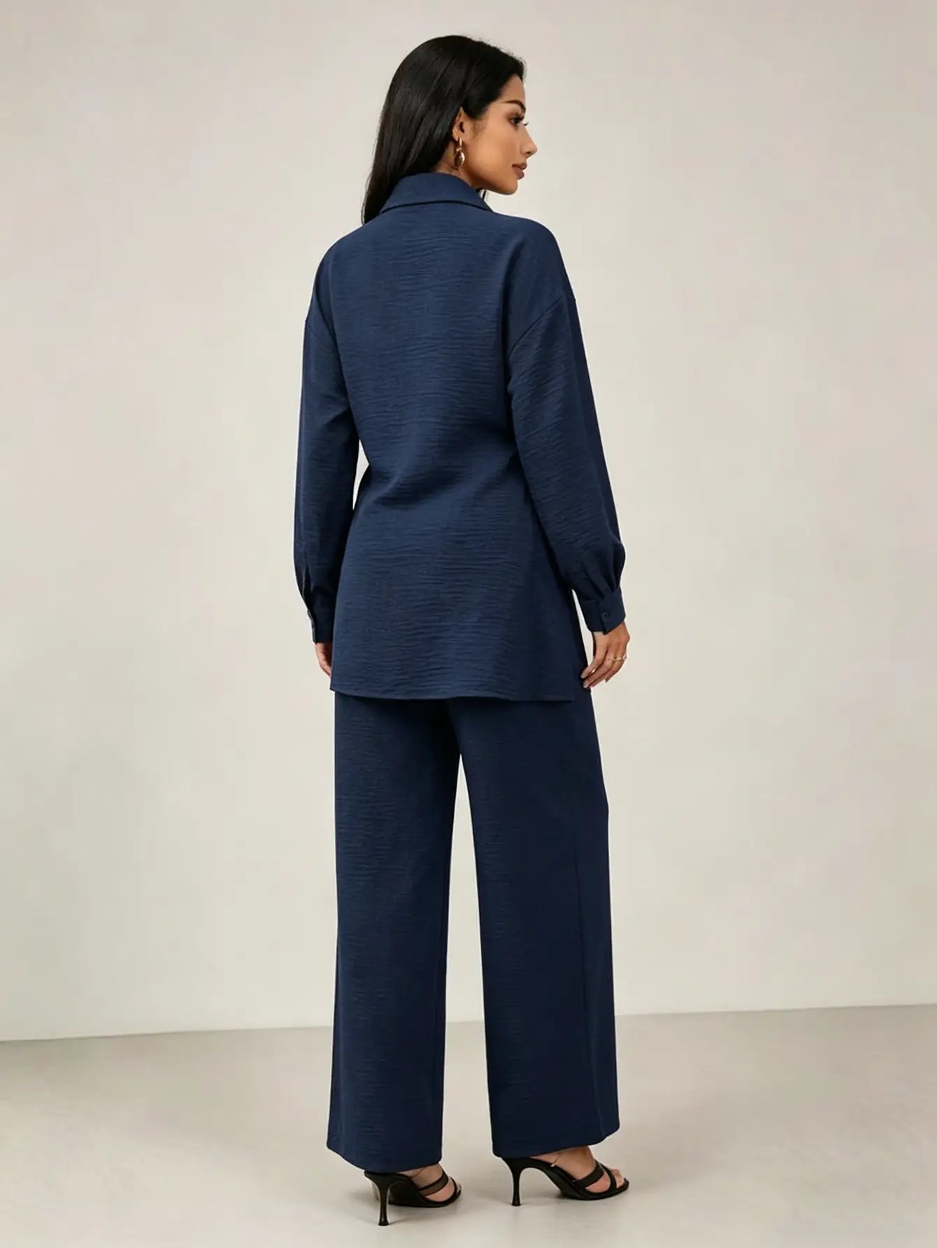 Navy Blue Tie-Wrap Front Shirt and Pants Co-Ords