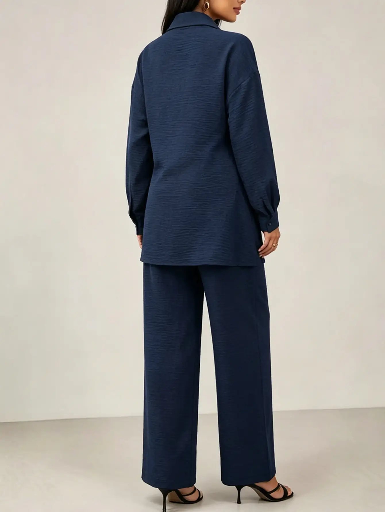 Navy Blue Tie-Wrap Front Shirt and Pants Co-Ords