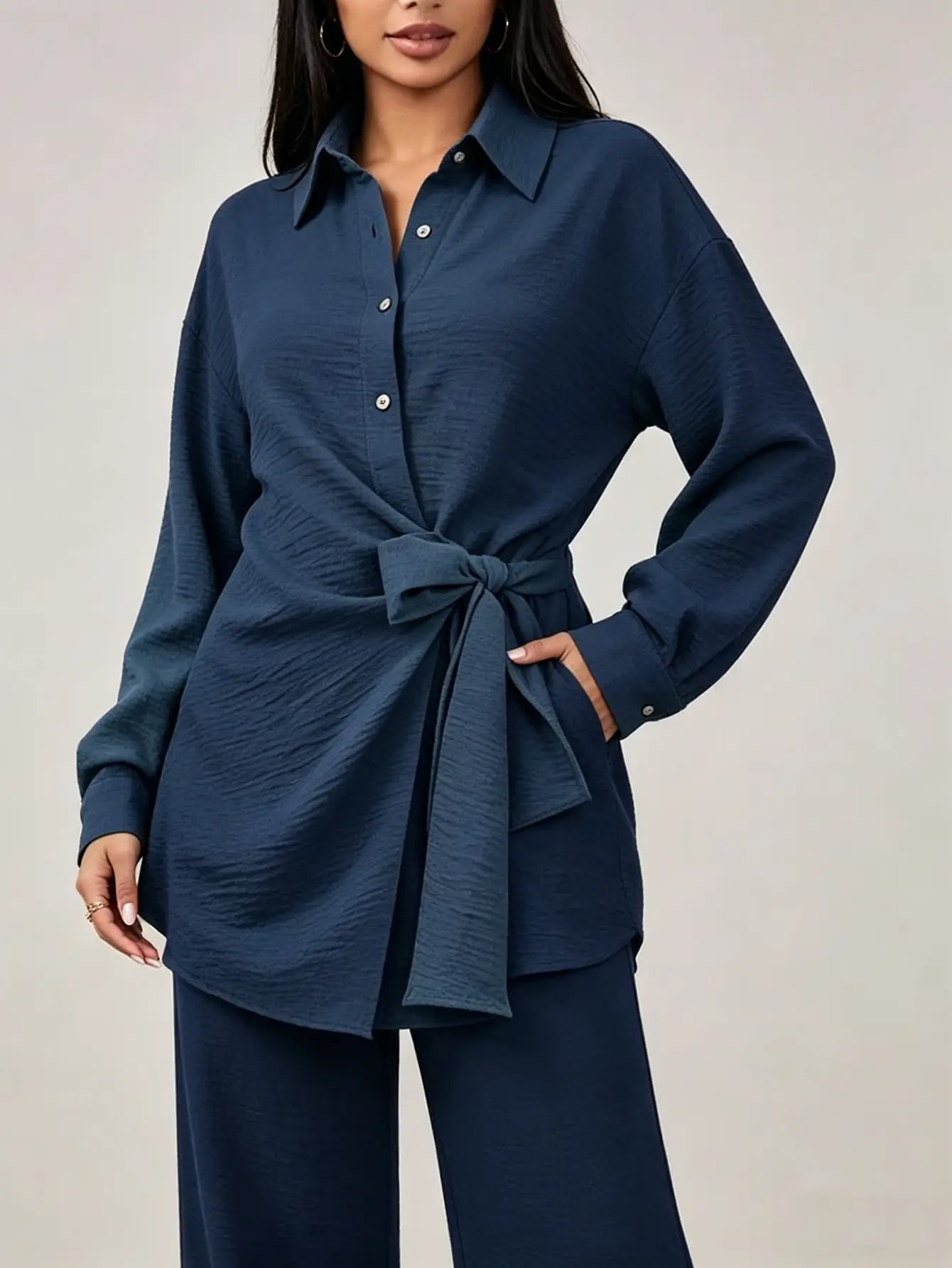 Navy Blue Tie-Wrap Front Shirt and Pants Co-Ords