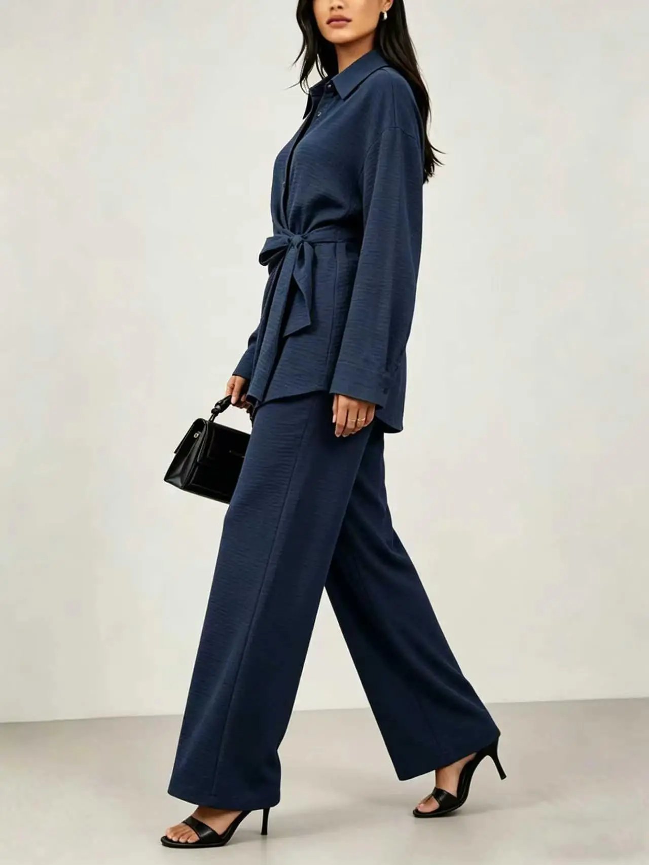 Navy Blue Tie-Wrap Front Shirt and Pants Co-Ords