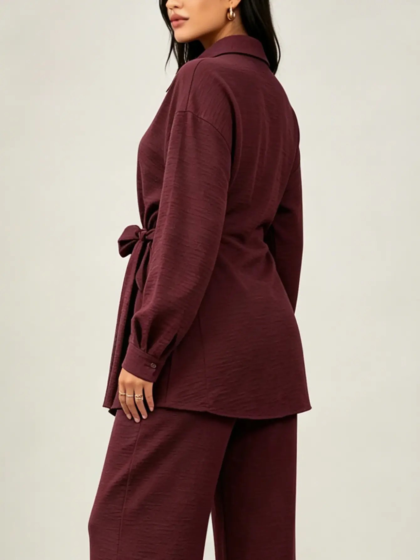 Burgundy Tie-Wrap Front Shirt and Pants Co-Ords