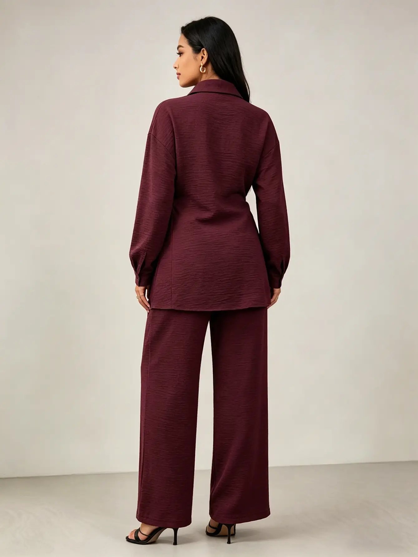Burgundy Tie-Wrap Front Shirt and Pants Co-Ords
