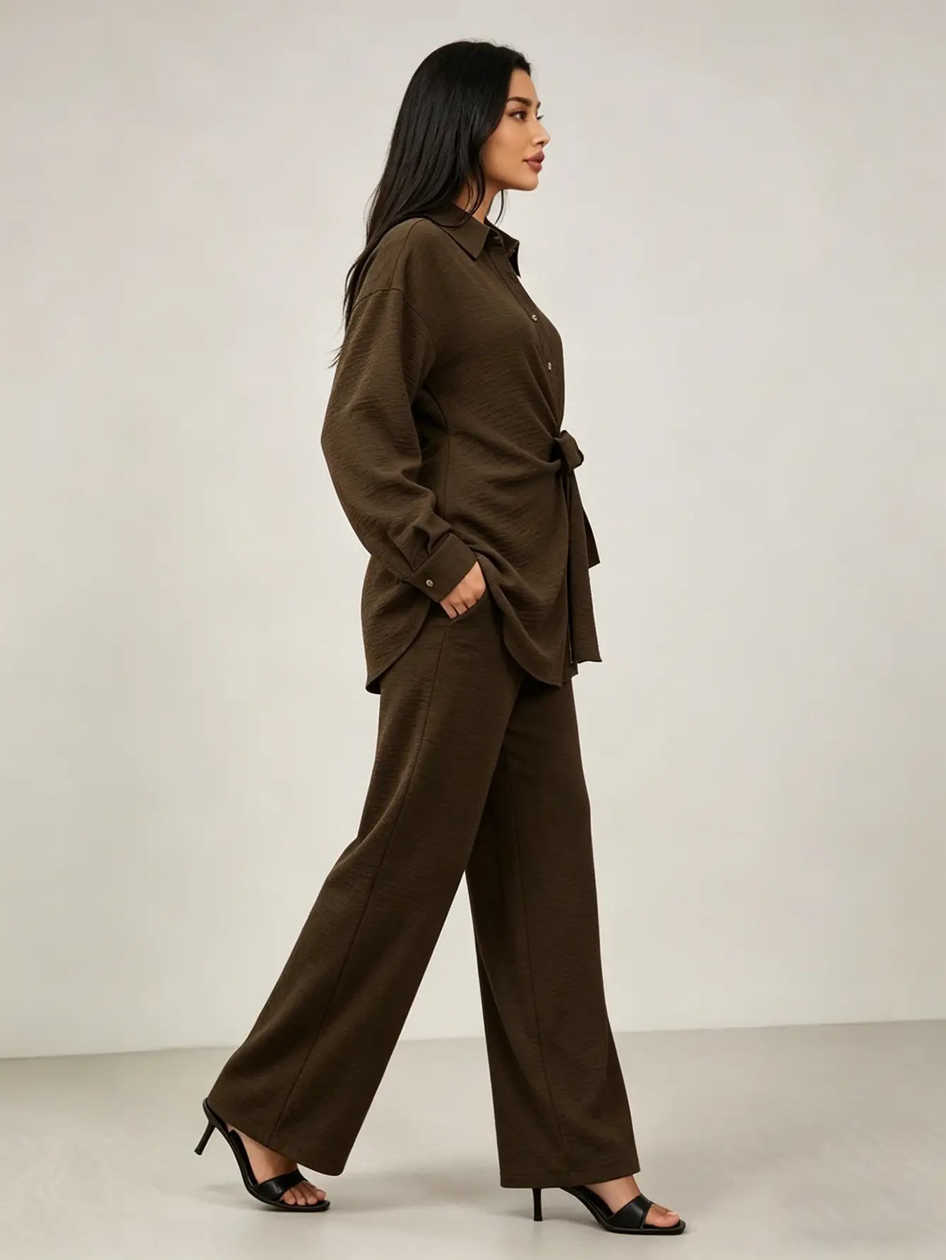 Chocolate Brown Tie-Wrap Front Shirt and Pants Co-Ords