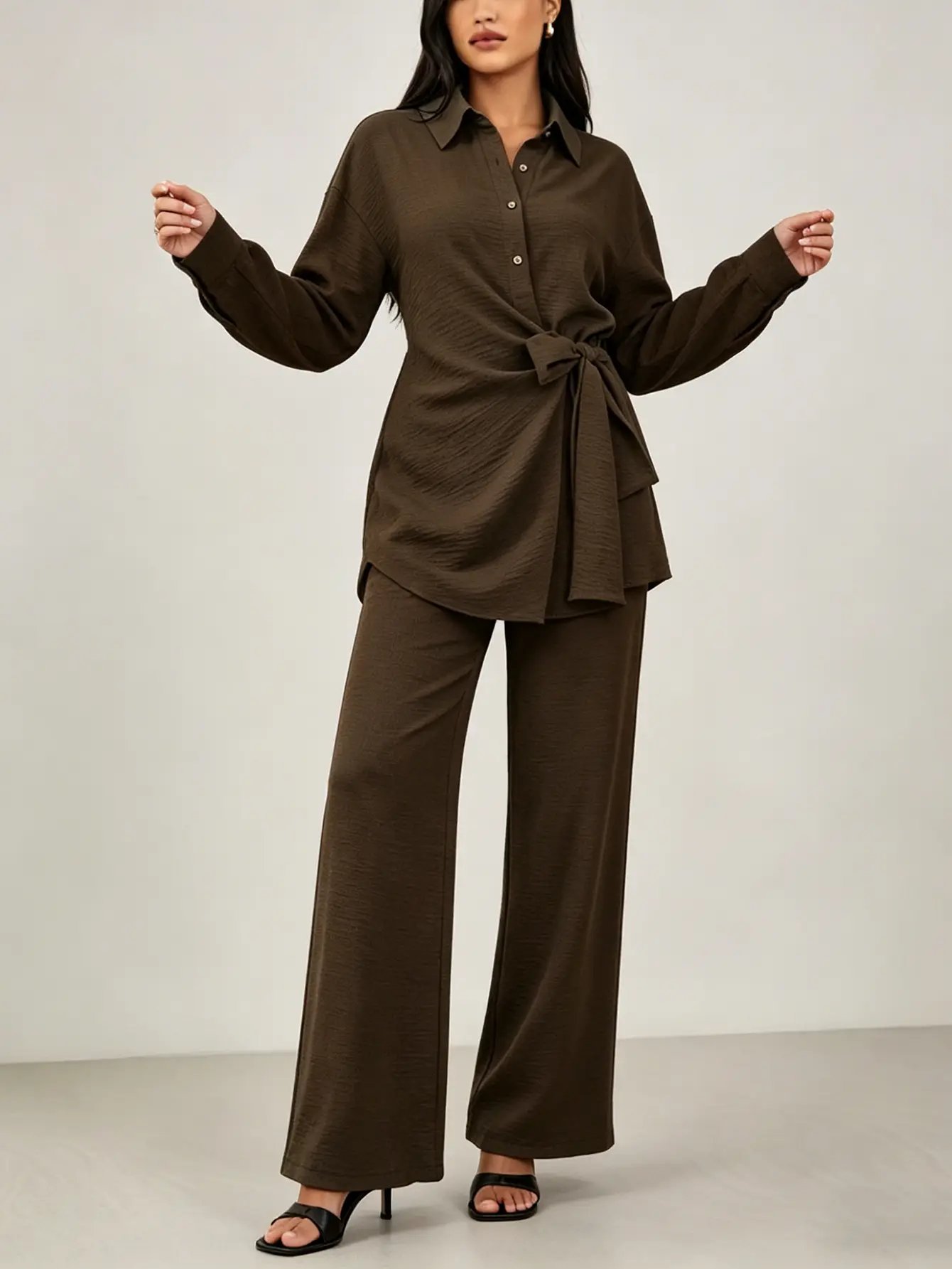 Chocolate Brown Tie-Wrap Front Shirt and Pants Co-Ords