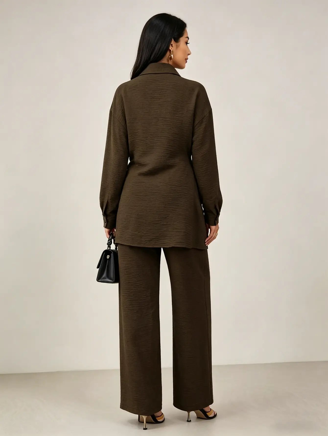 Chocolate Brown Tie-Wrap Front Shirt and Pants Co-Ords