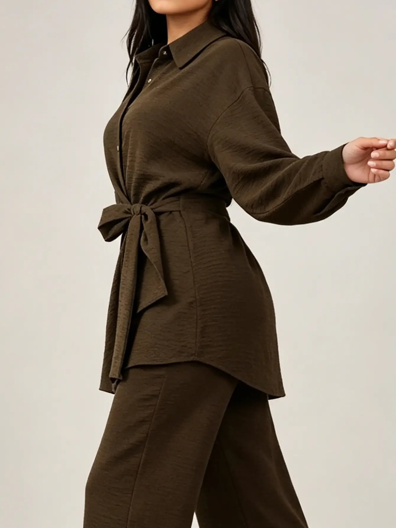 Chocolate Brown Tie-Wrap Front Shirt and Pants Co-Ords