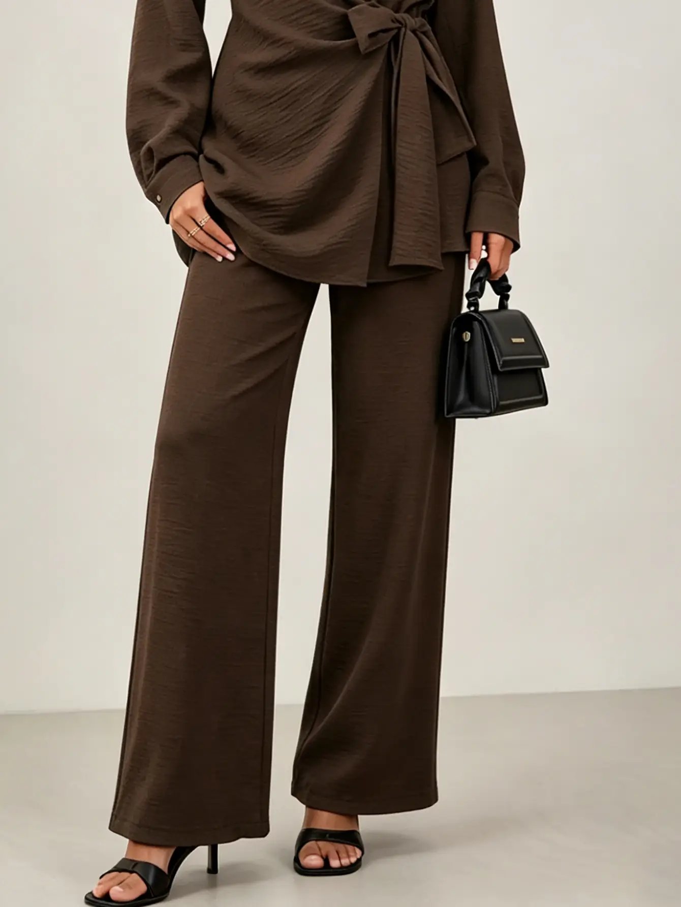 Chocolate Brown Tie-Wrap Front Shirt and Pants Co-Ords