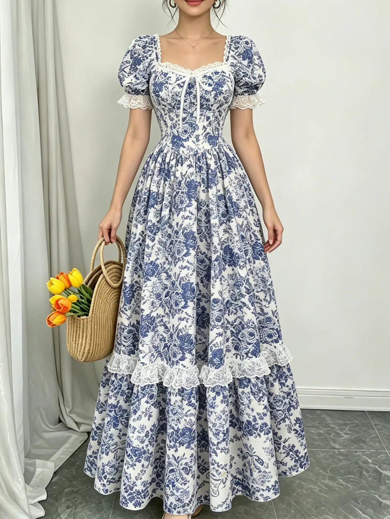 Blue Floral Lace Trim Puff Sleeve Maxi Dress