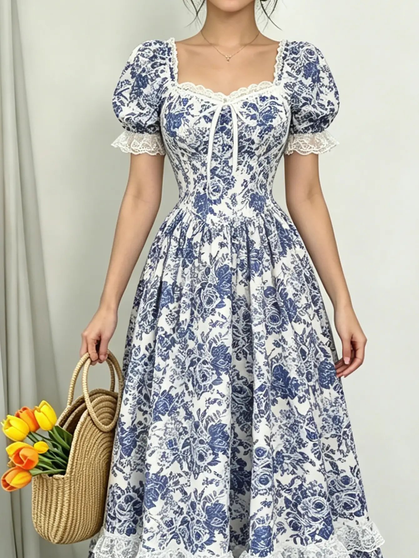 Blue Floral Lace Trim Puff Sleeve Maxi Dress