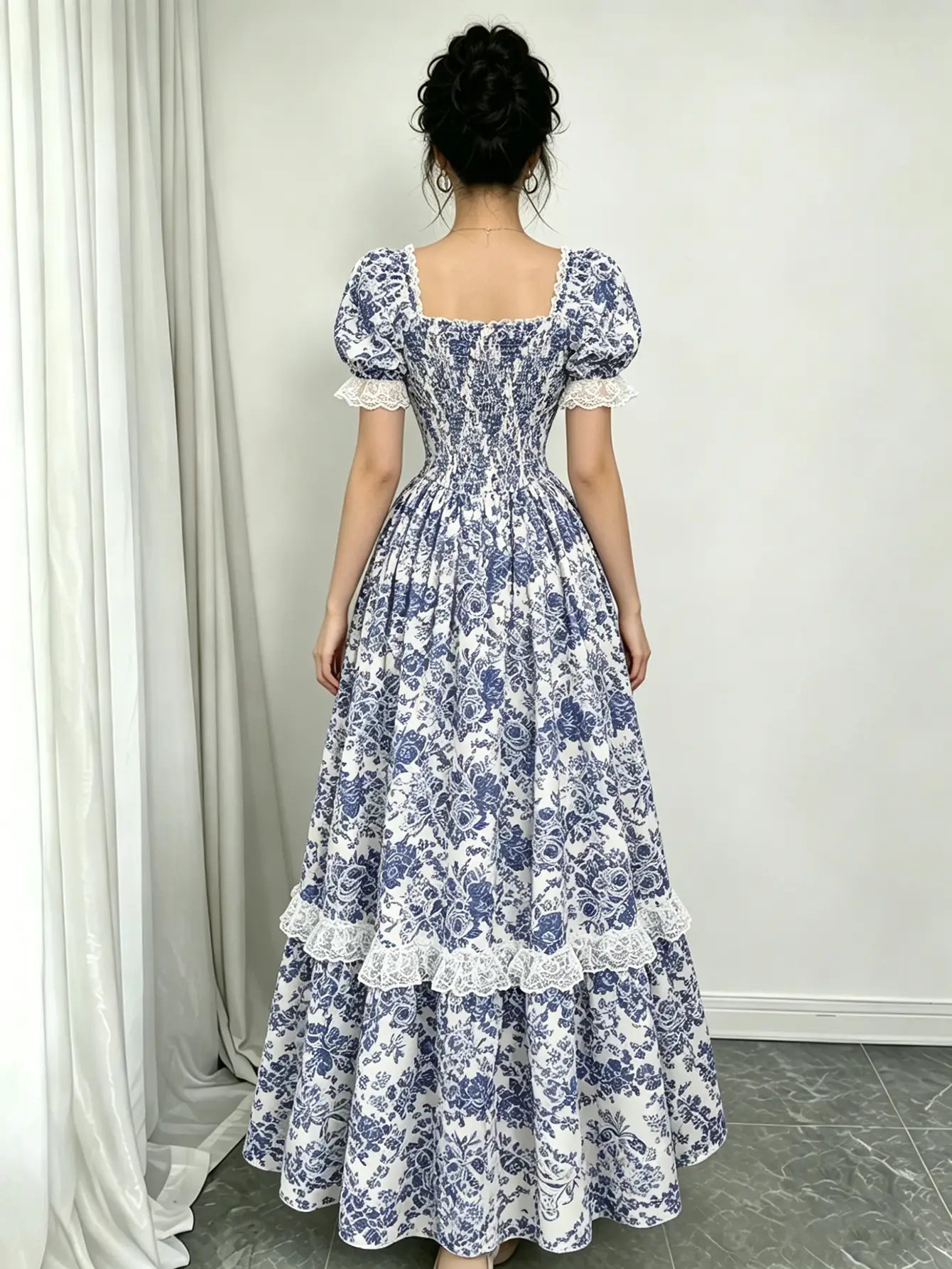 Blue Floral Lace Trim Puff Sleeve Maxi Dress