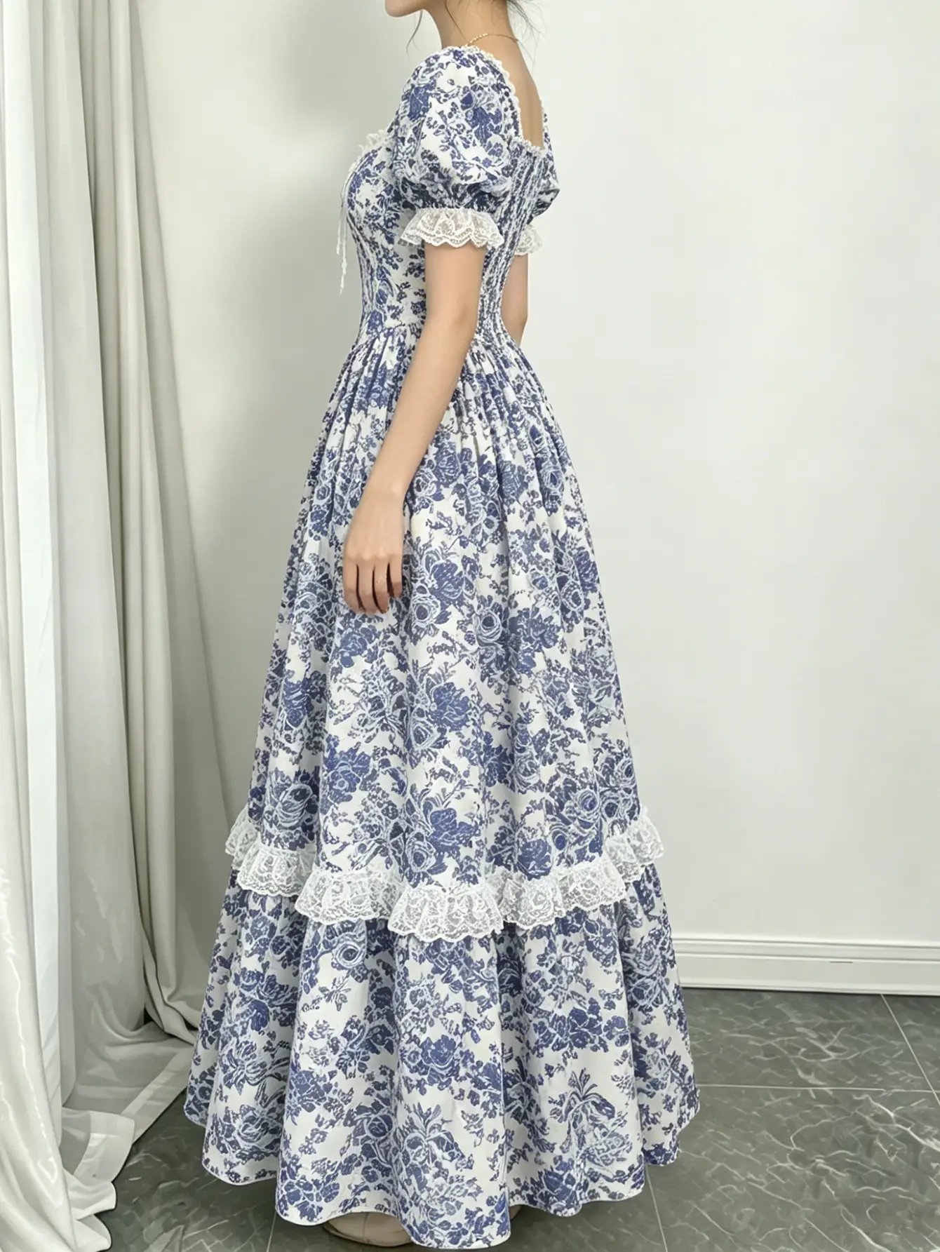 Blue Floral Lace Trim Puff Sleeve Maxi Dress