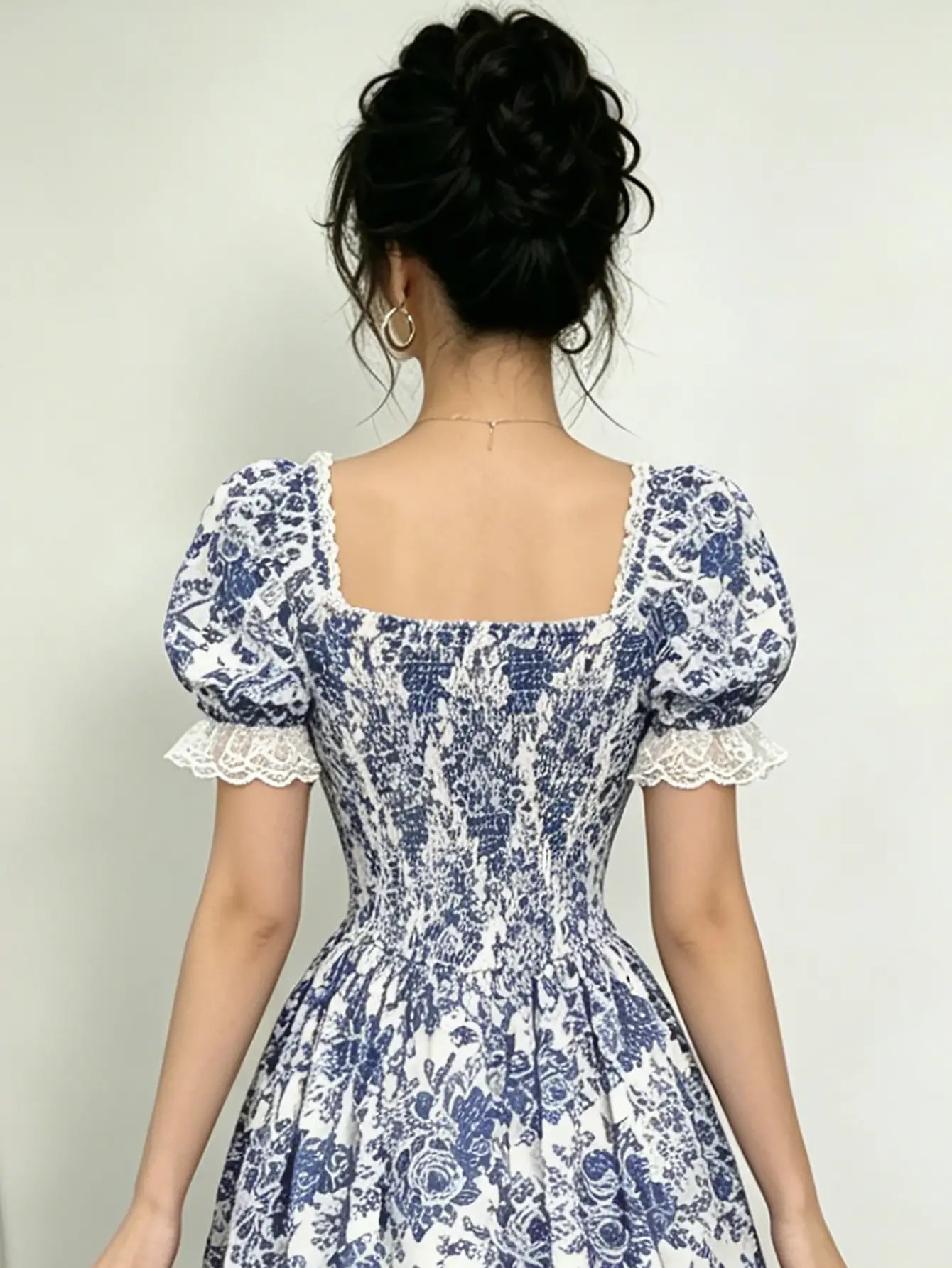 Blue Floral Lace Trim Puff Sleeve Maxi Dress