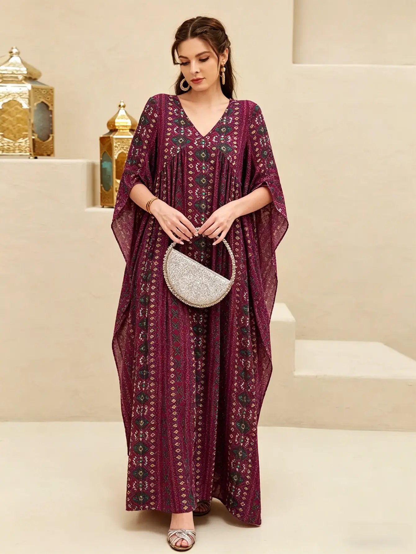 Burgundy All Over Print V Neck Jalabiya