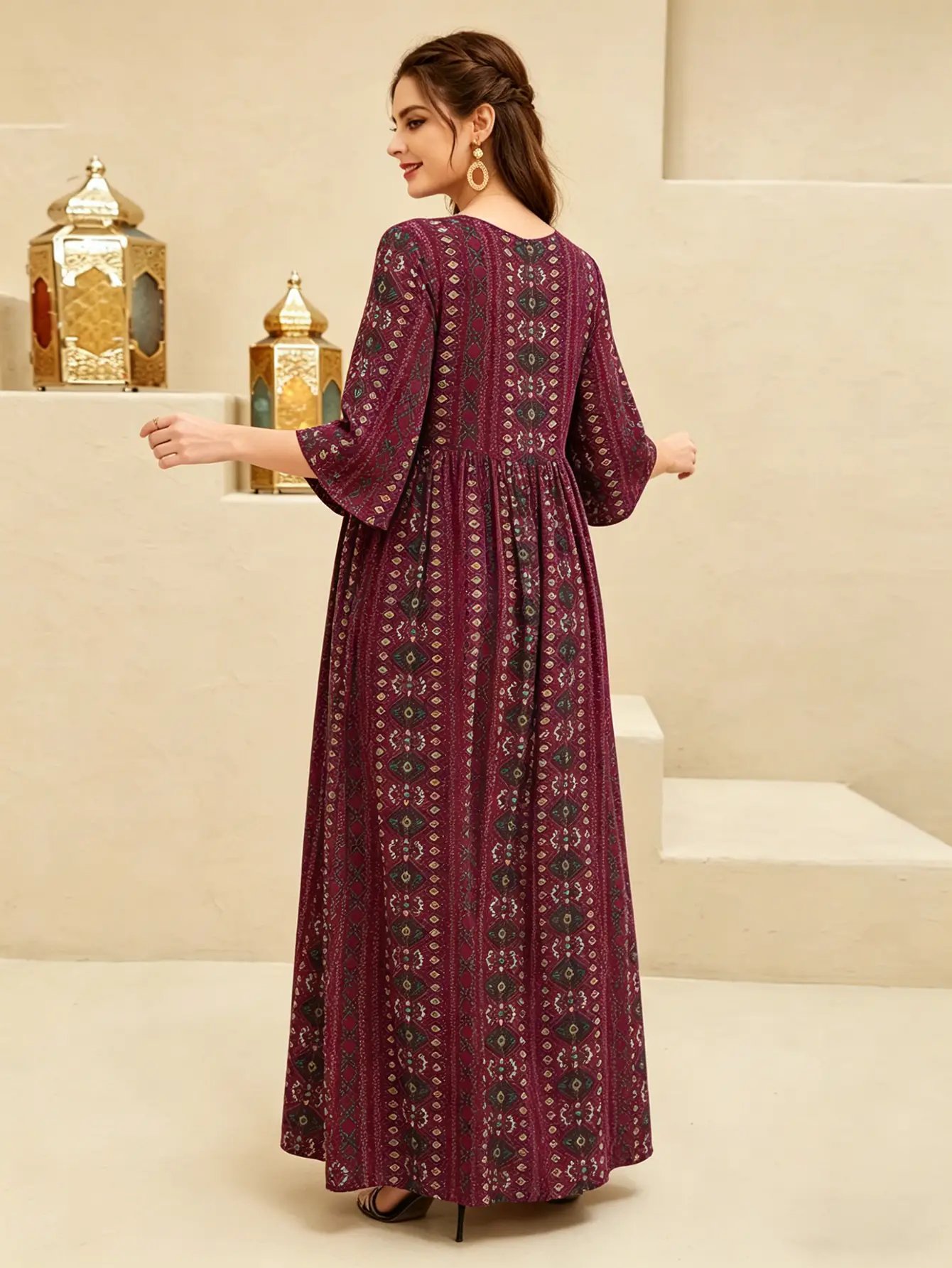 Burgundy All Over Print V Neck Jalabiya