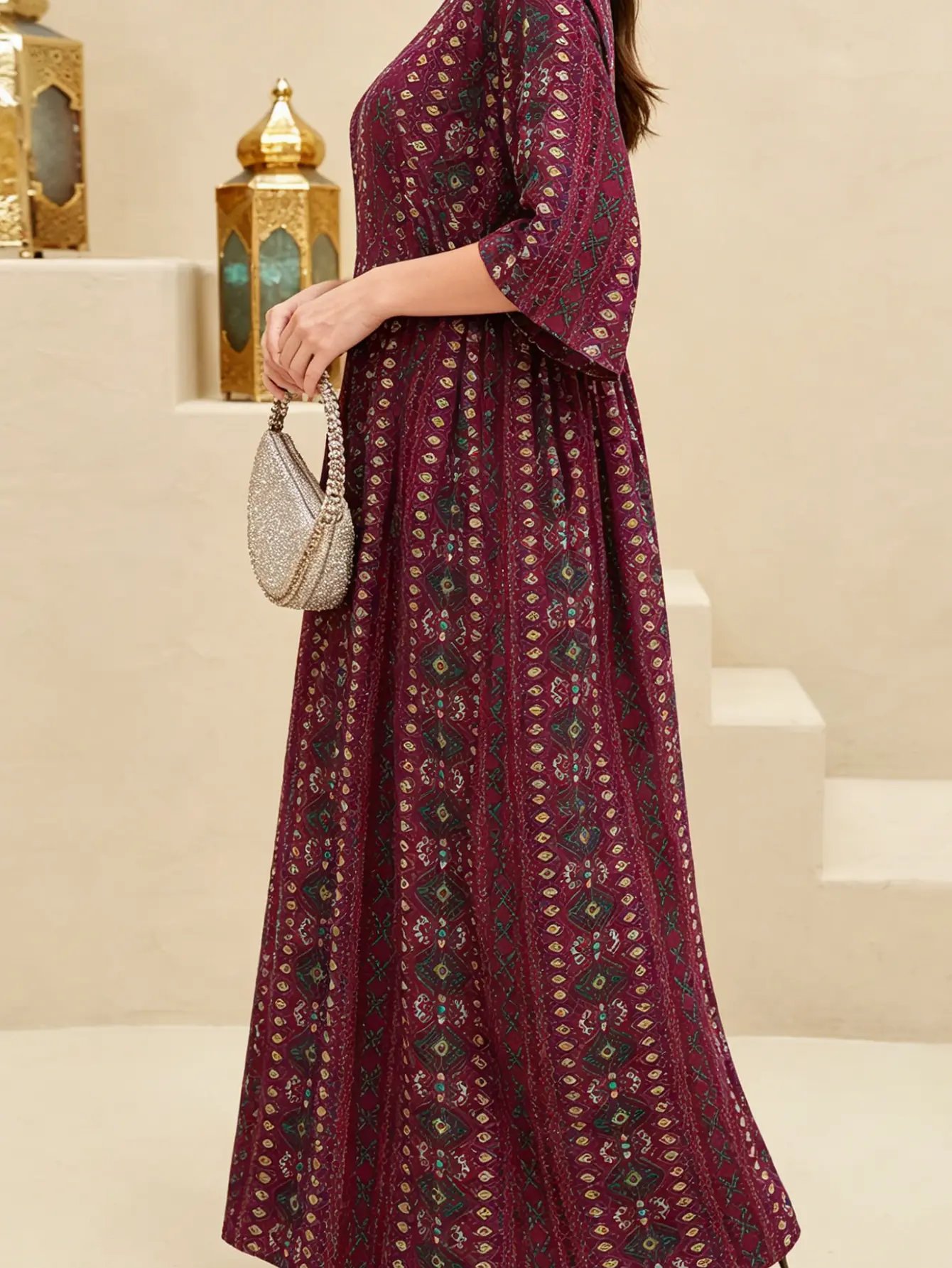 Burgundy All Over Print V Neck Jalabiya