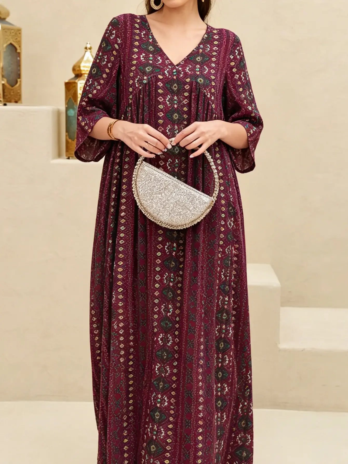 Burgundy All Over Print V Neck Jalabiya
