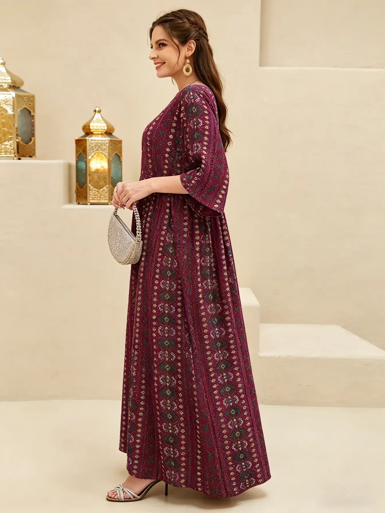 Burgundy All Over Print V Neck Jalabiya