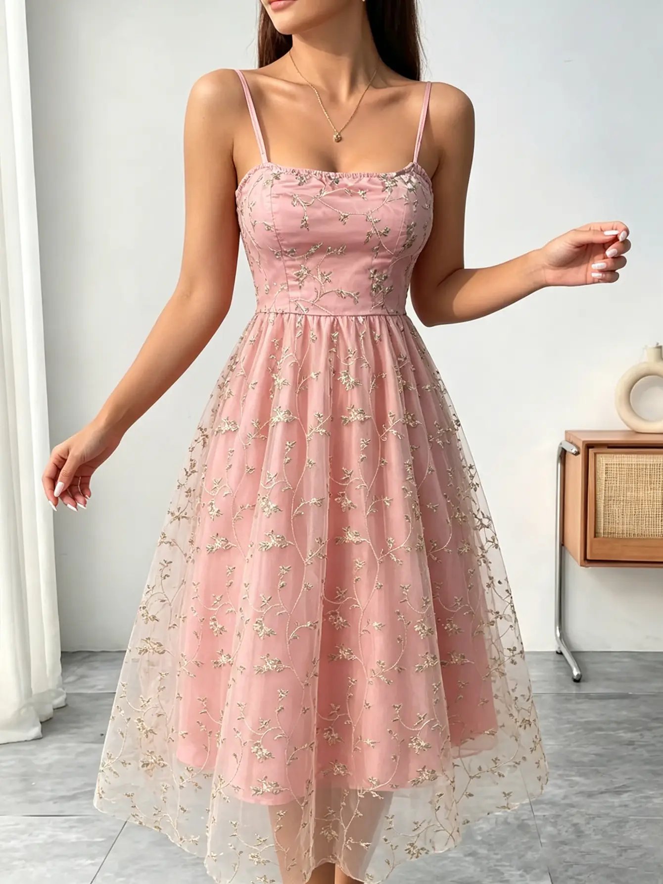 Pink Floral Mesh Knee Length Dress