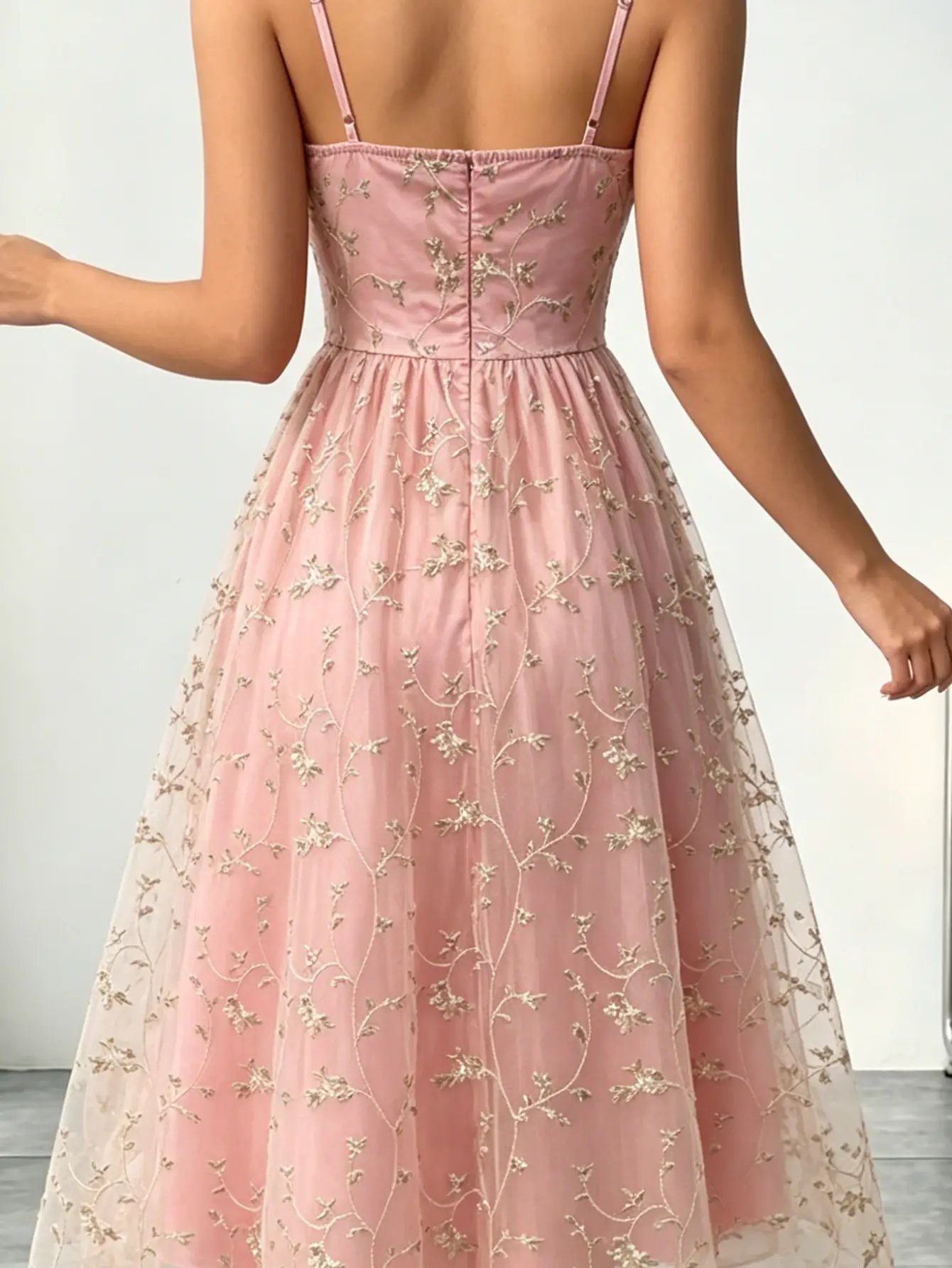 Pink Floral Mesh Knee Length Dress