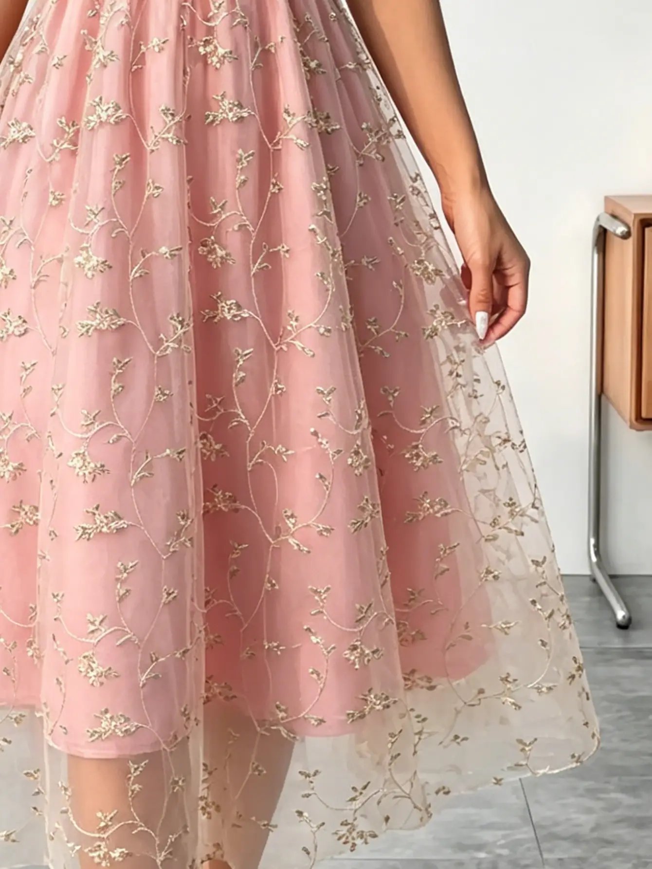 Pink Floral Mesh Knee Length Dress