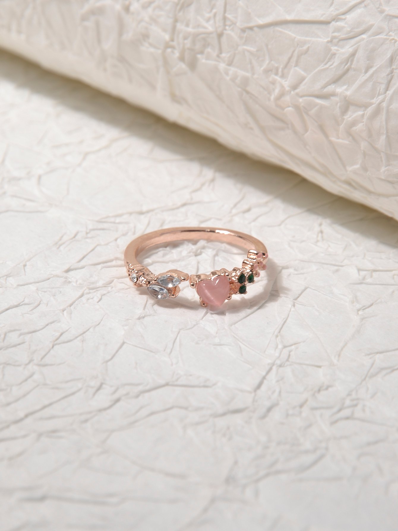 Rose Gold Zircon Heart and Leaf Casual Ring