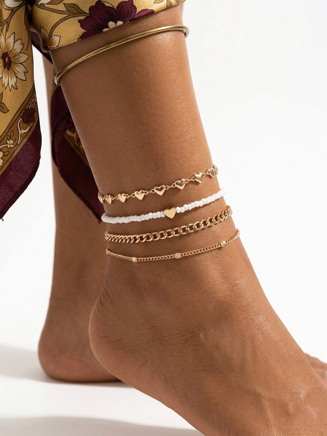 Set of 4 - Heart-Shaped Beaded Anklet