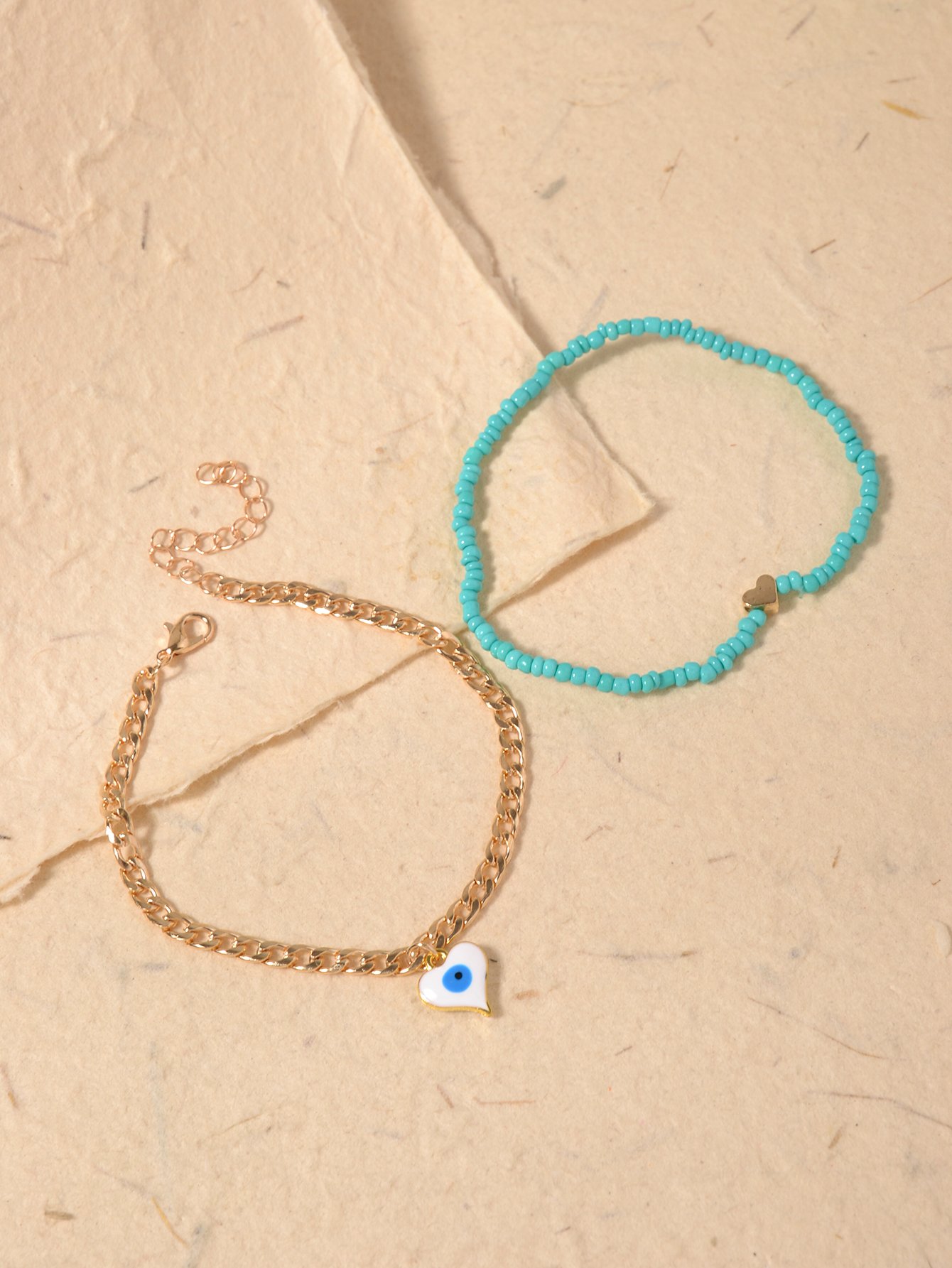 Set of 2 - Beaded Heart-Shaped Eye Anklet