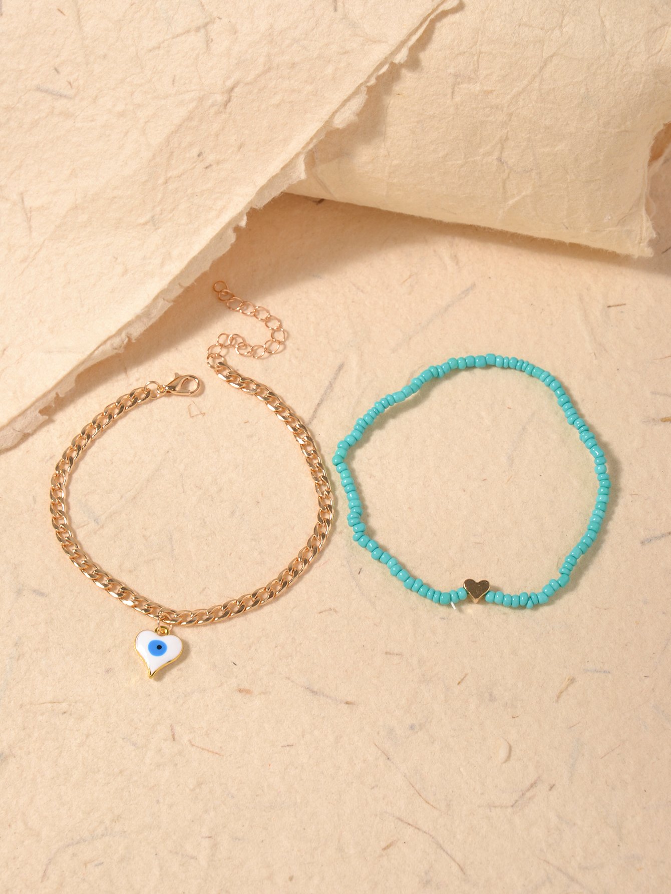 Set of 2 - Beaded Heart-Shaped Eye Anklet