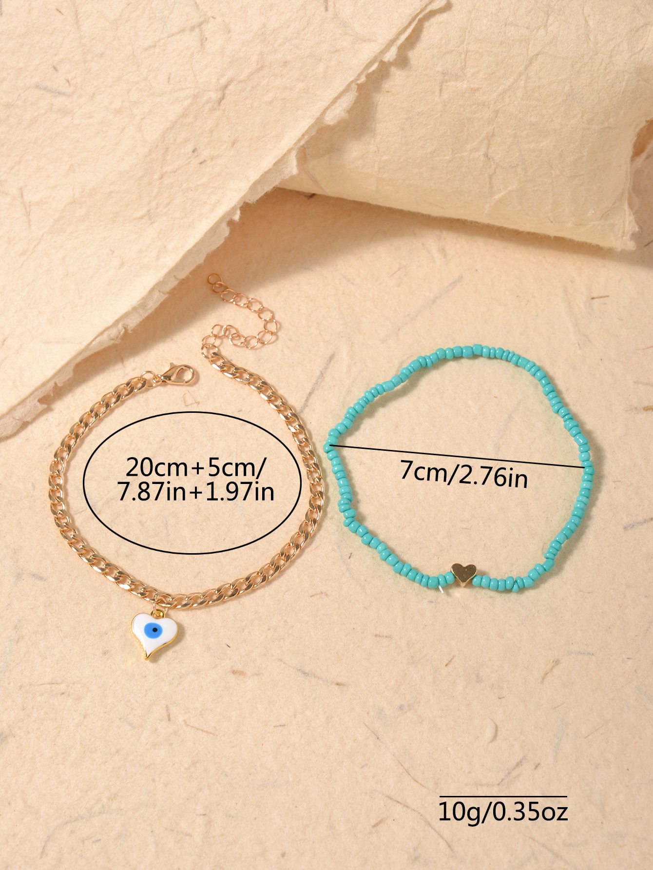 Set of 2 - Beaded Heart-Shaped Eye Anklet