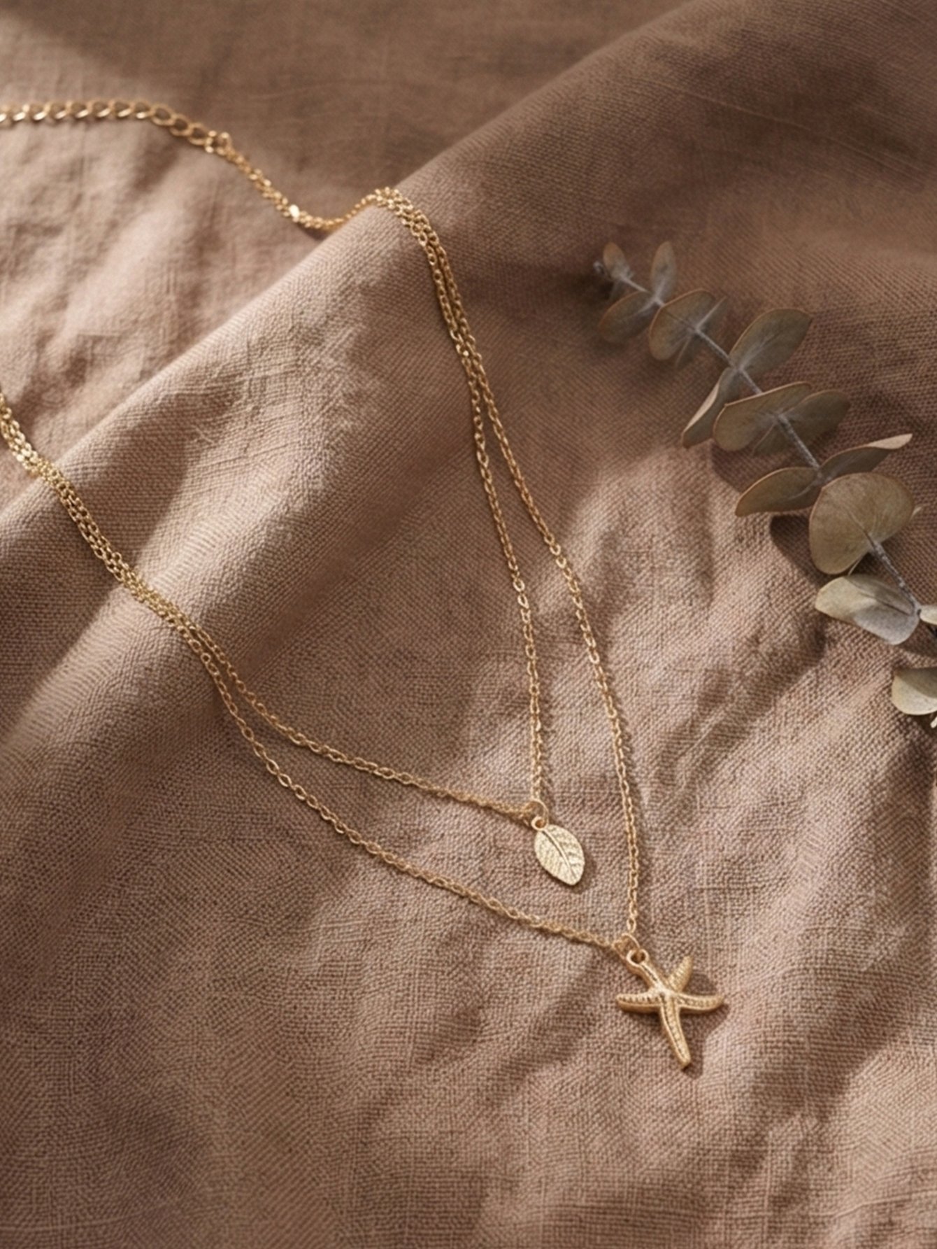Leaf and Starfish Pendant Layered Necklace