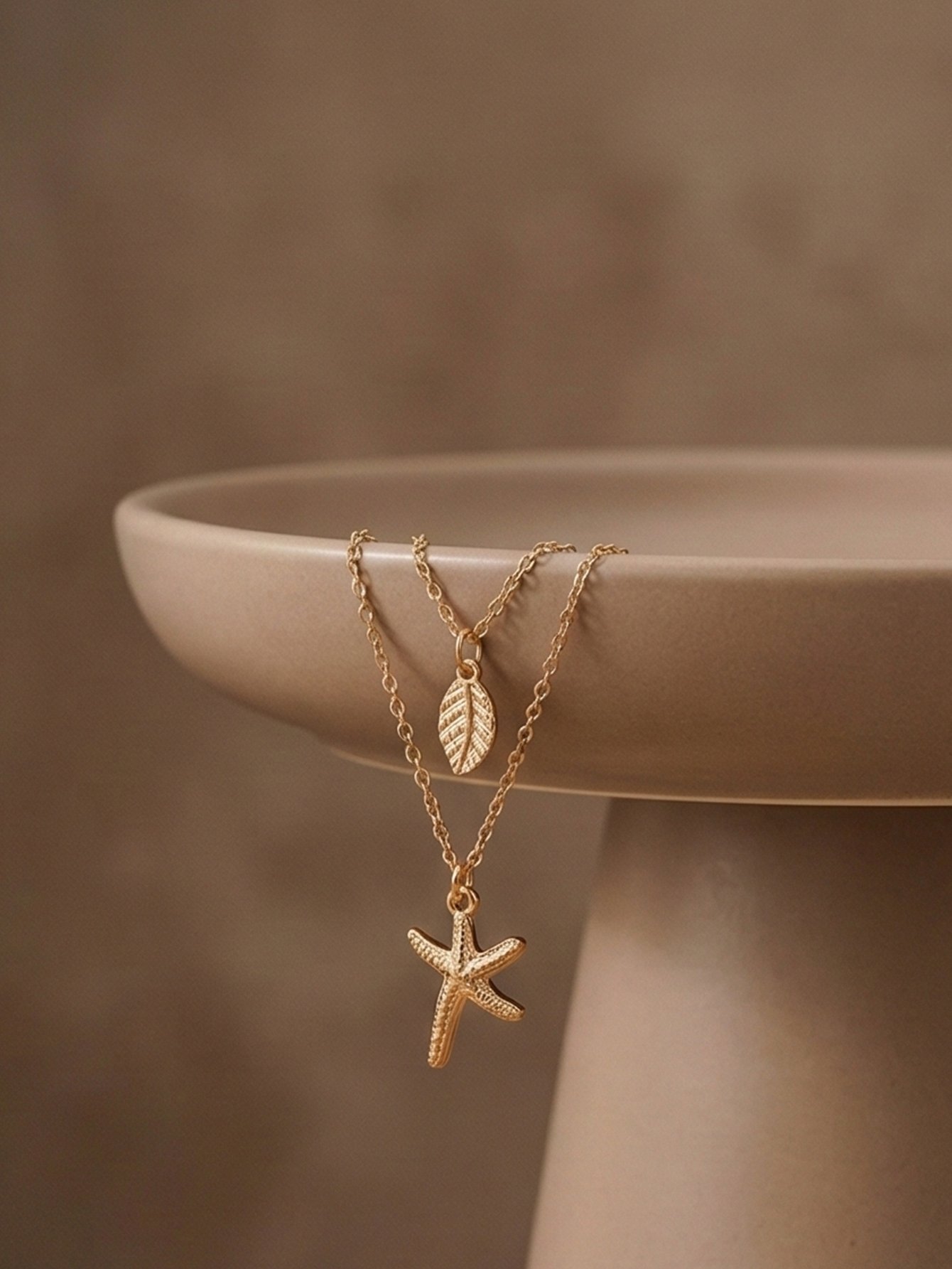 Leaf and Starfish Pendant Layered Necklace