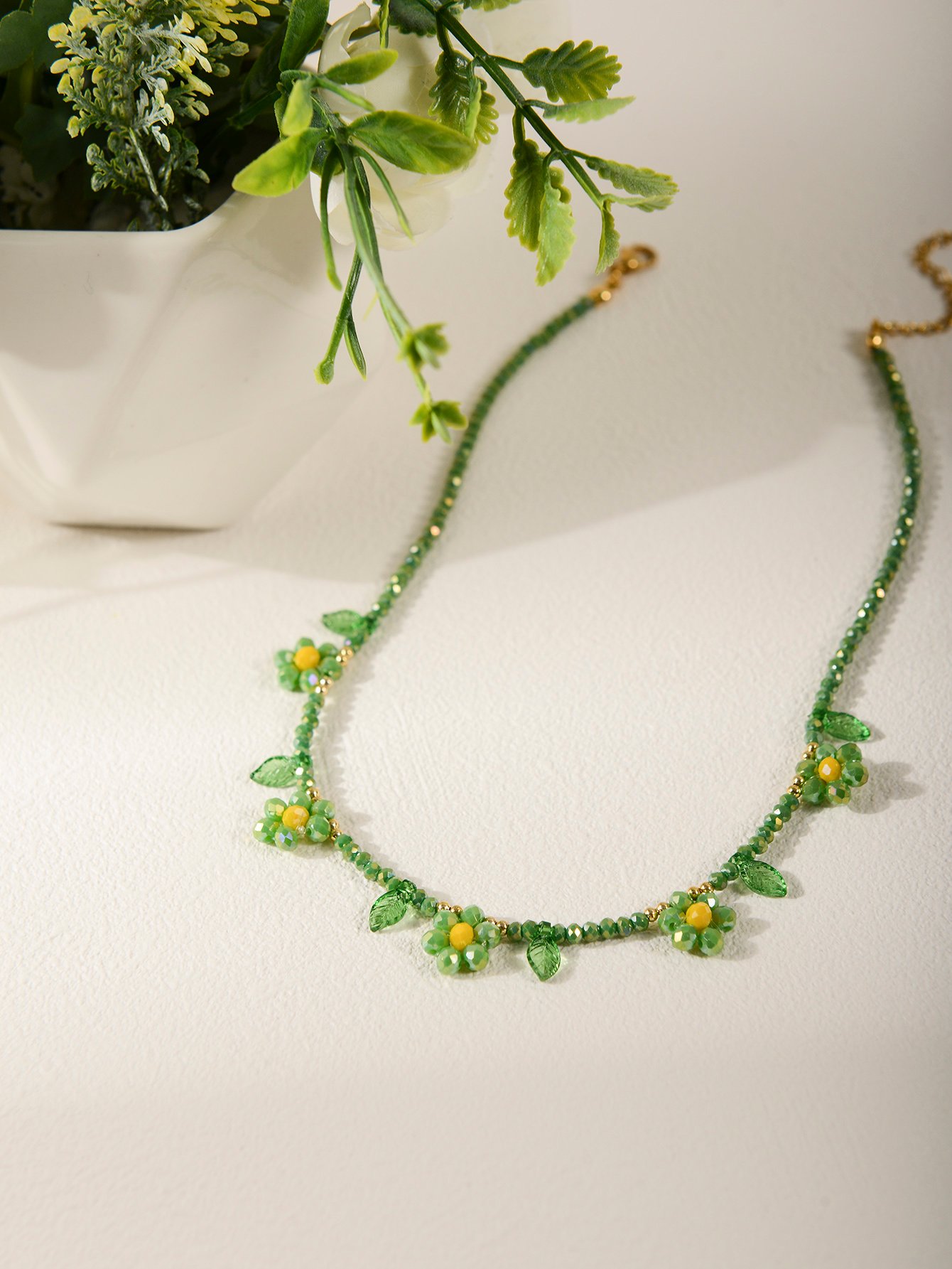 Flower and Leaf Beaded Necklace