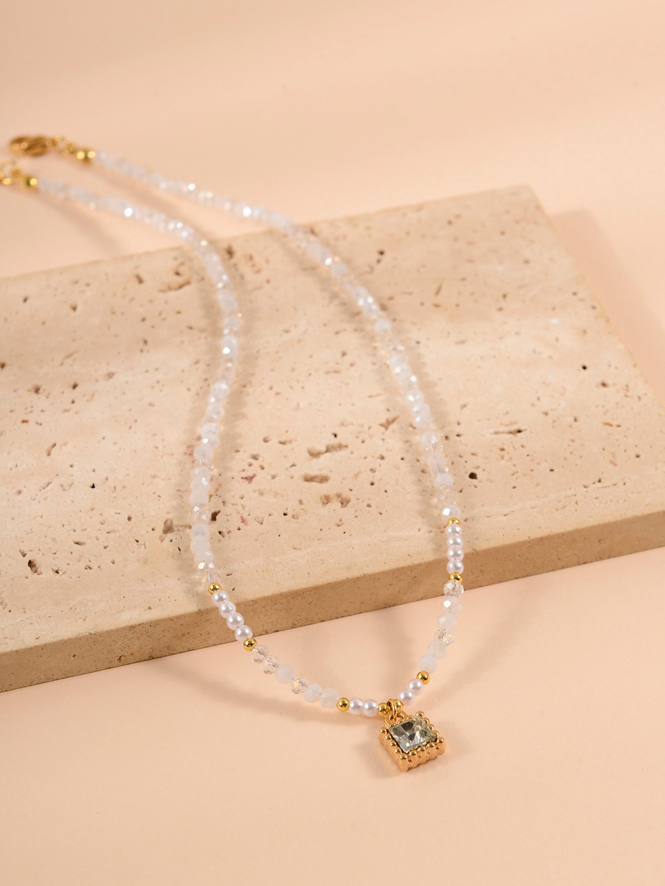 Faux Crystal Square Pendant Necklace