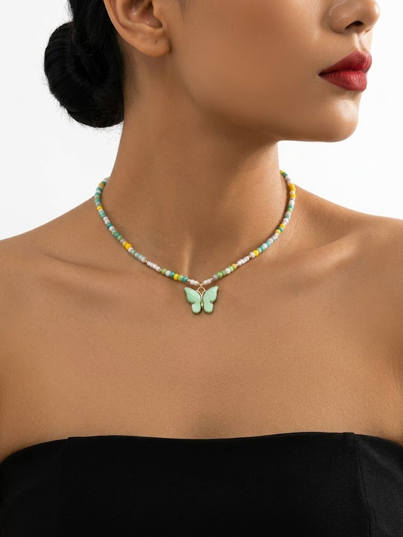 Butterfly Pendant Glass Beaded Necklace