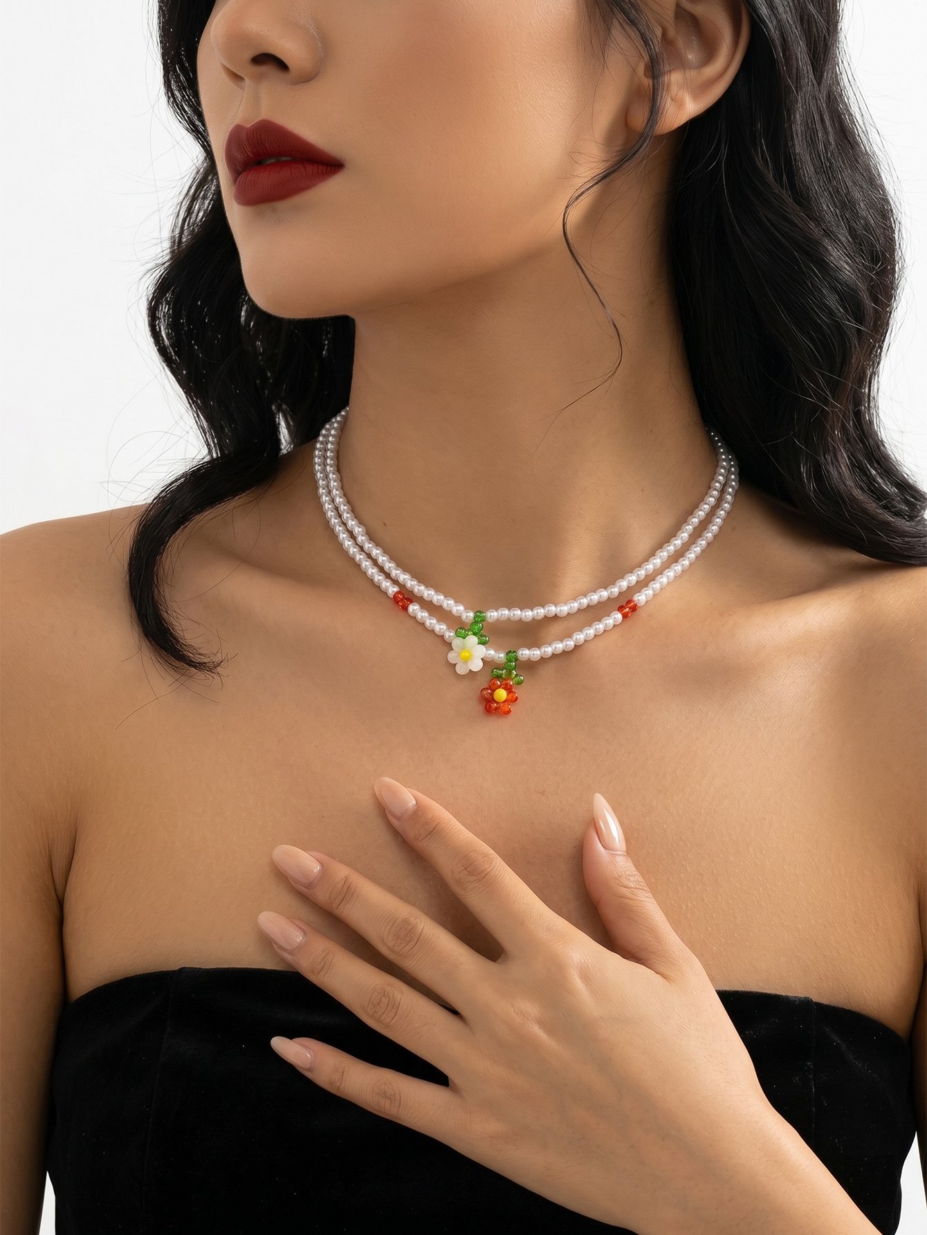 Set of 2 - Floral Pendant Faux Pearl Necklace