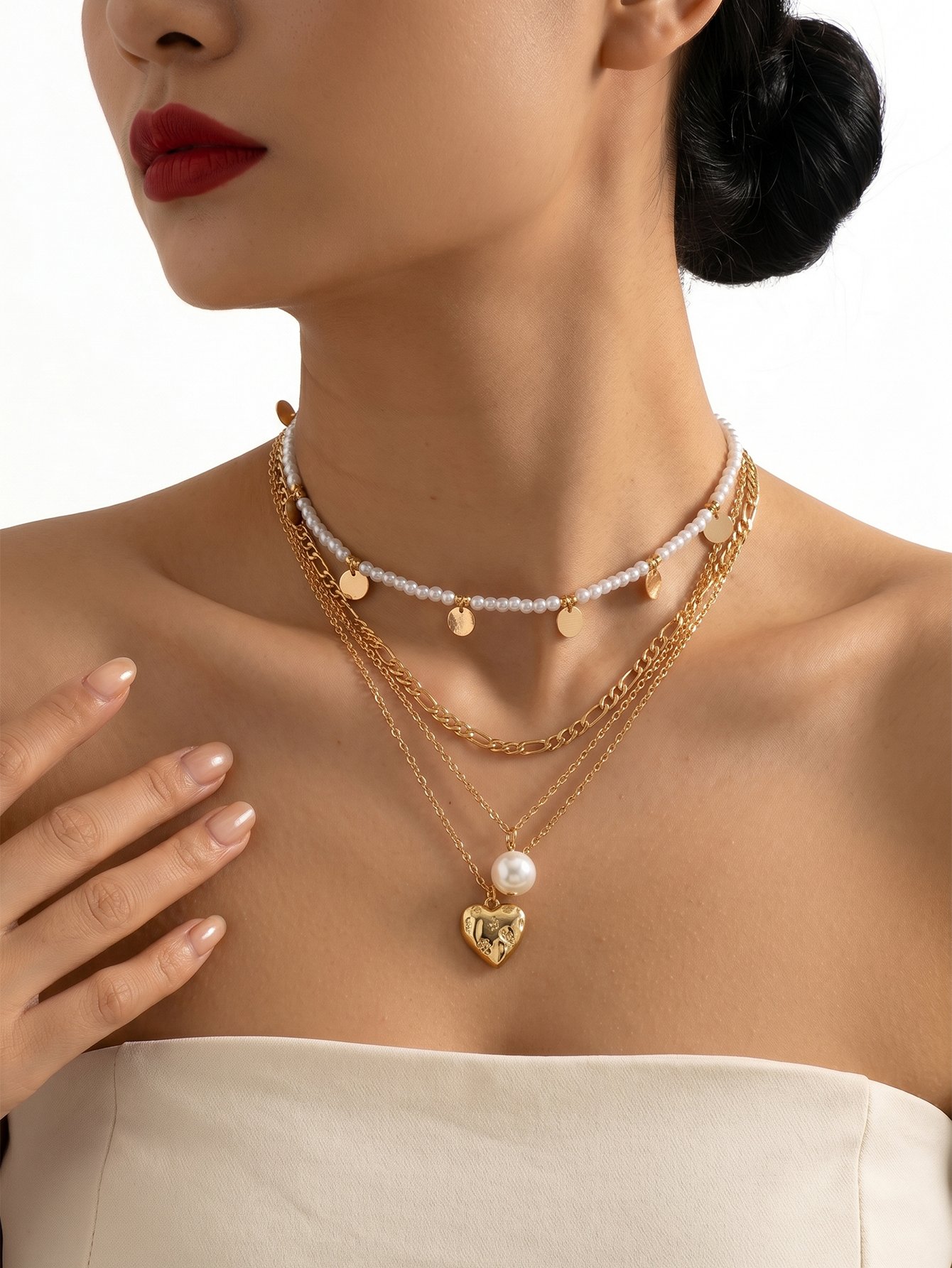 Set of 4 - Faux Pearl and Heart Pendant Necklace