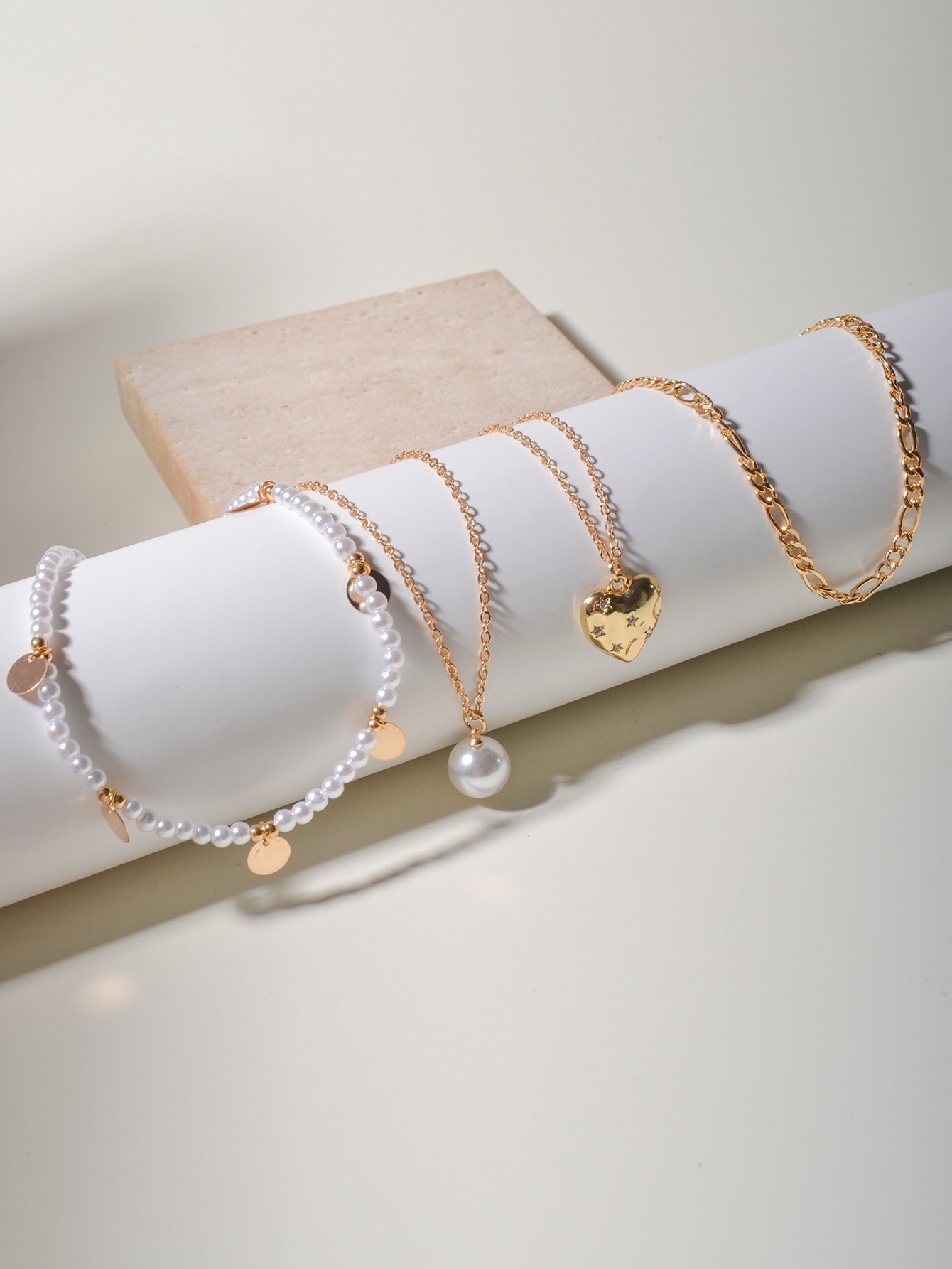 Set of 4 - Faux Pearl and Heart Pendant Necklace
