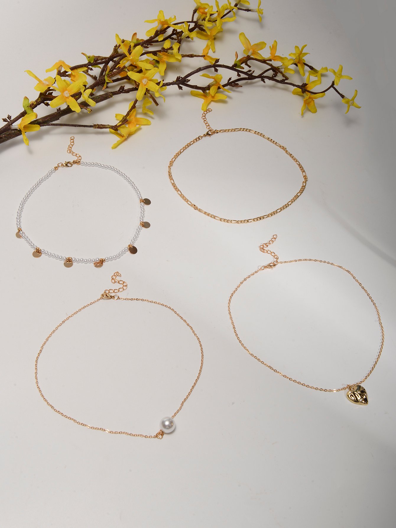 Set of 4 - Faux Pearl and Heart Pendant Necklace