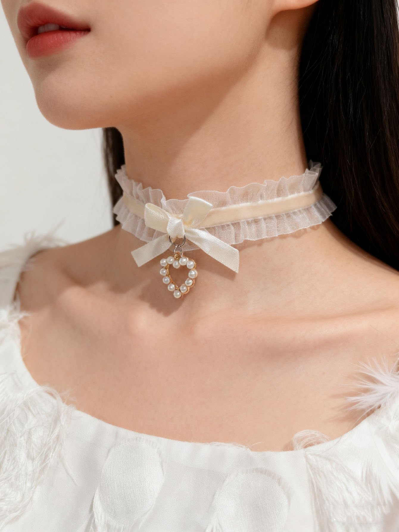 Bow Lace Faux Pearl Heart Choker Necklace