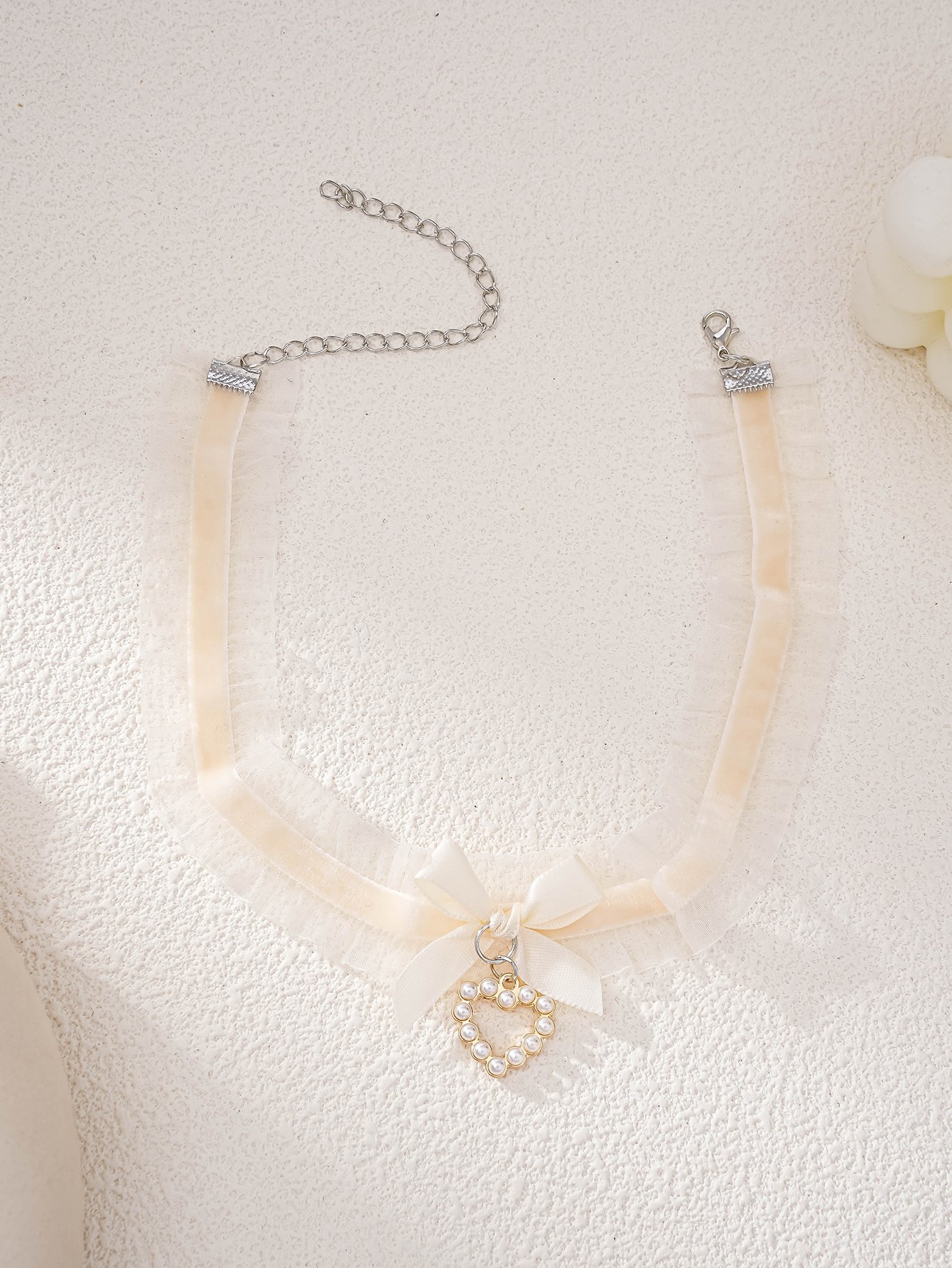 Bow Lace Faux Pearl Heart Choker Necklace