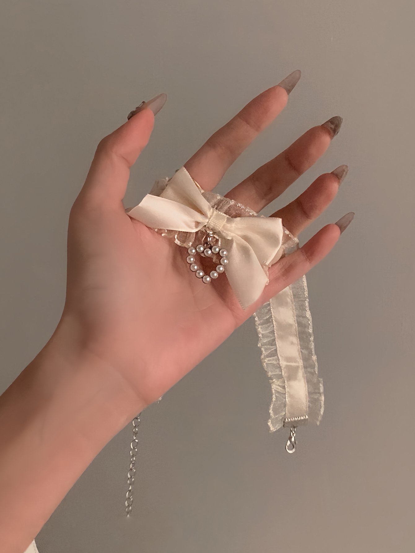 Bow Lace Faux Pearl Heart Choker Necklace
