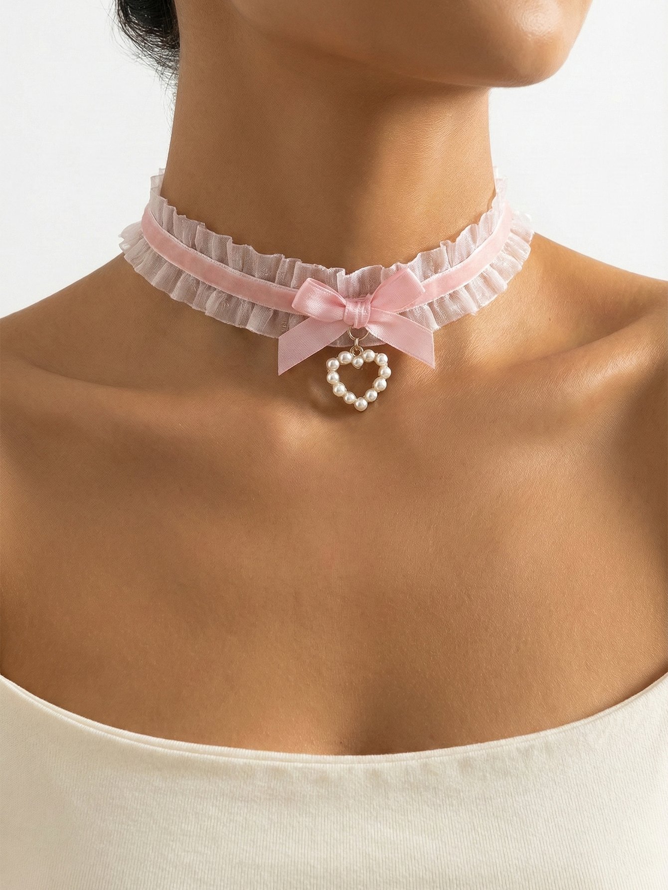 Lace Bow Faux Pearl Heart Choker Necklace